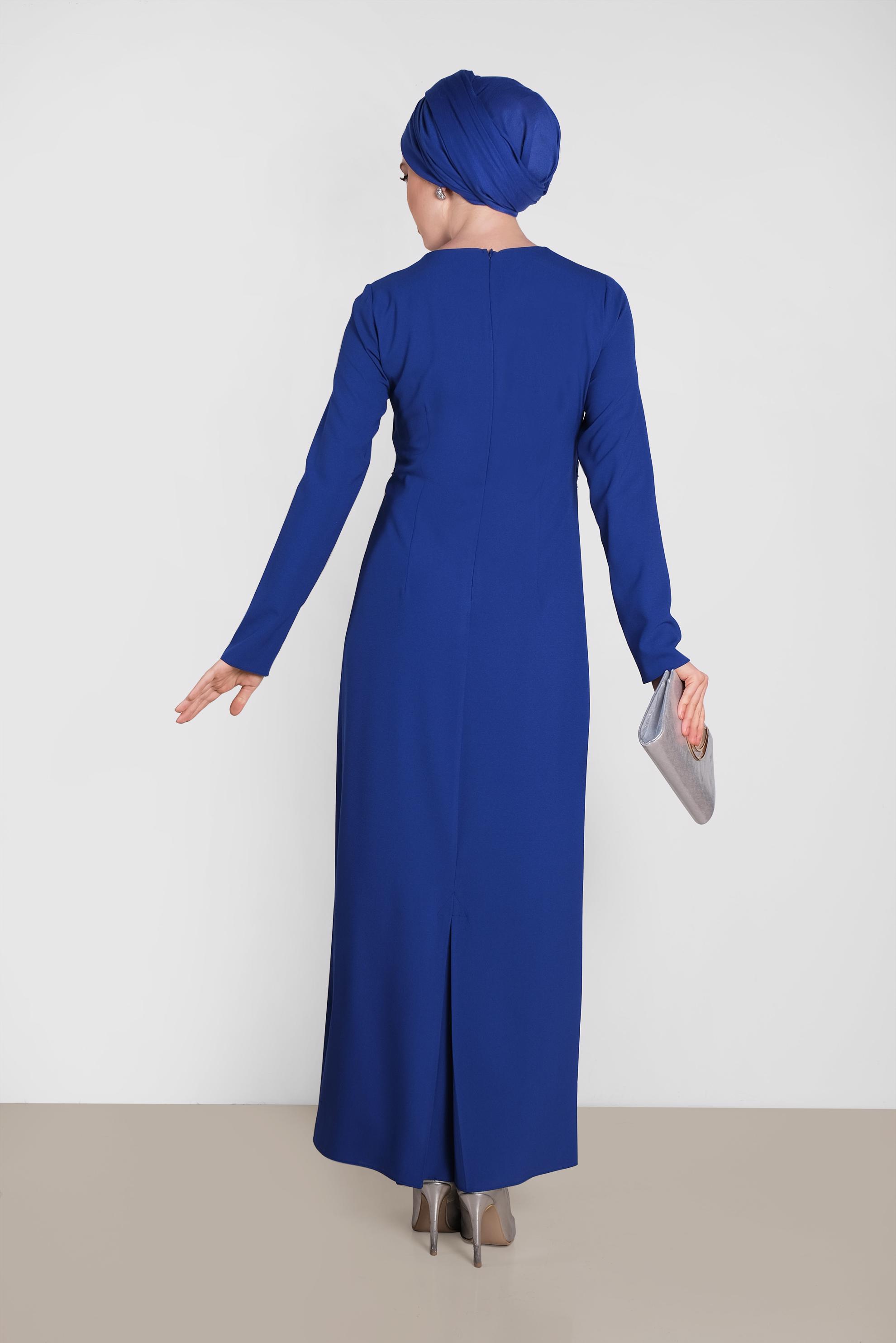 Tesettür giyim MAVİ GÜPÜRLÜ GİZLİ YIRTMAÇLI ELBİSE 4461