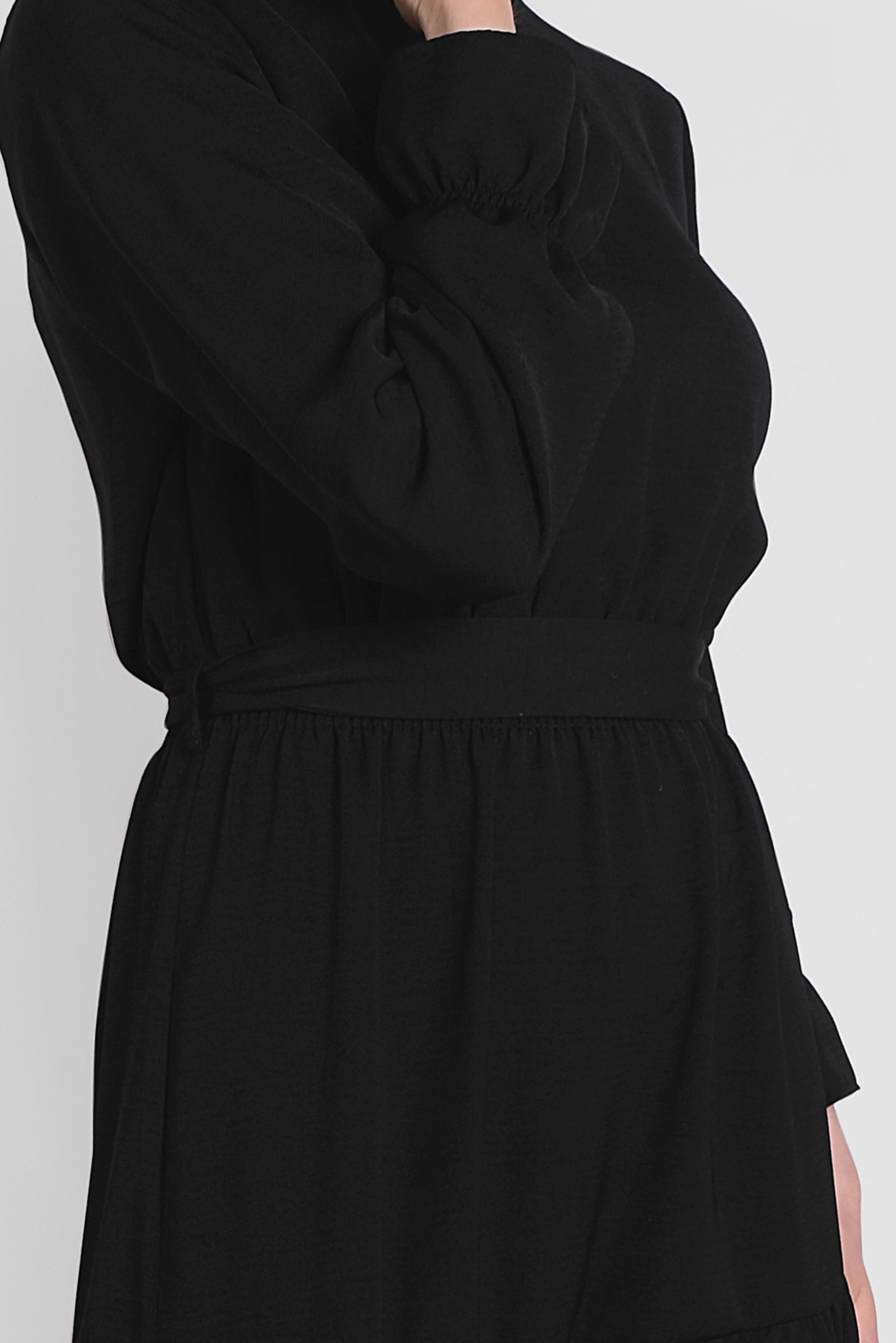 Tesettür giyim SİYAH  MANŞETLERİ LASTİKLİ BELİ KUŞAKLI ELBİSE 4488 