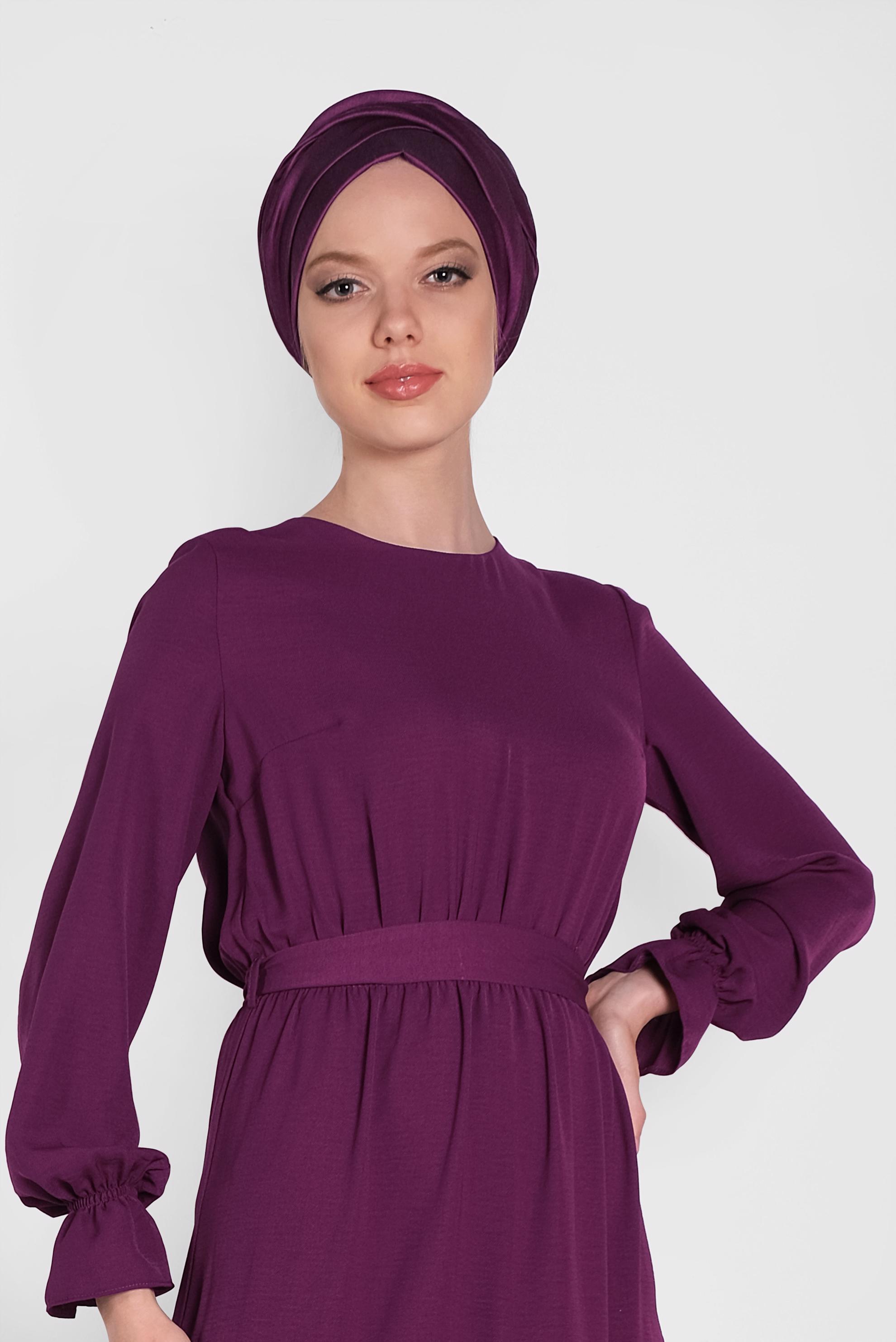Tesettür giyim MOR  MANŞETLERİ LASTİKLİ BELİ KUŞAKLI ELBİSE 4488 