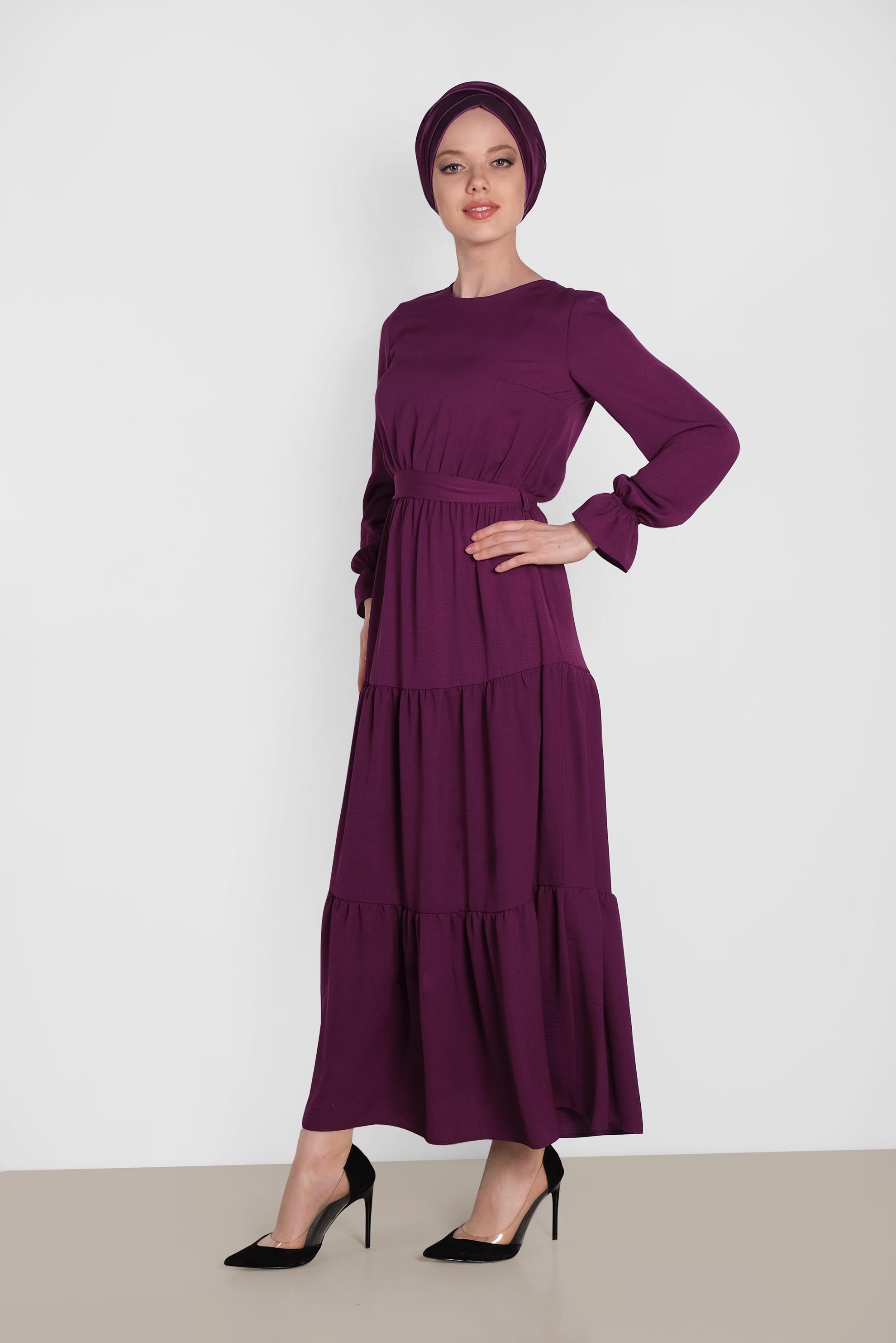 Tesettür giyim MOR  MANŞETLERİ LASTİKLİ BELİ KUŞAKLI ELBİSE 4488 