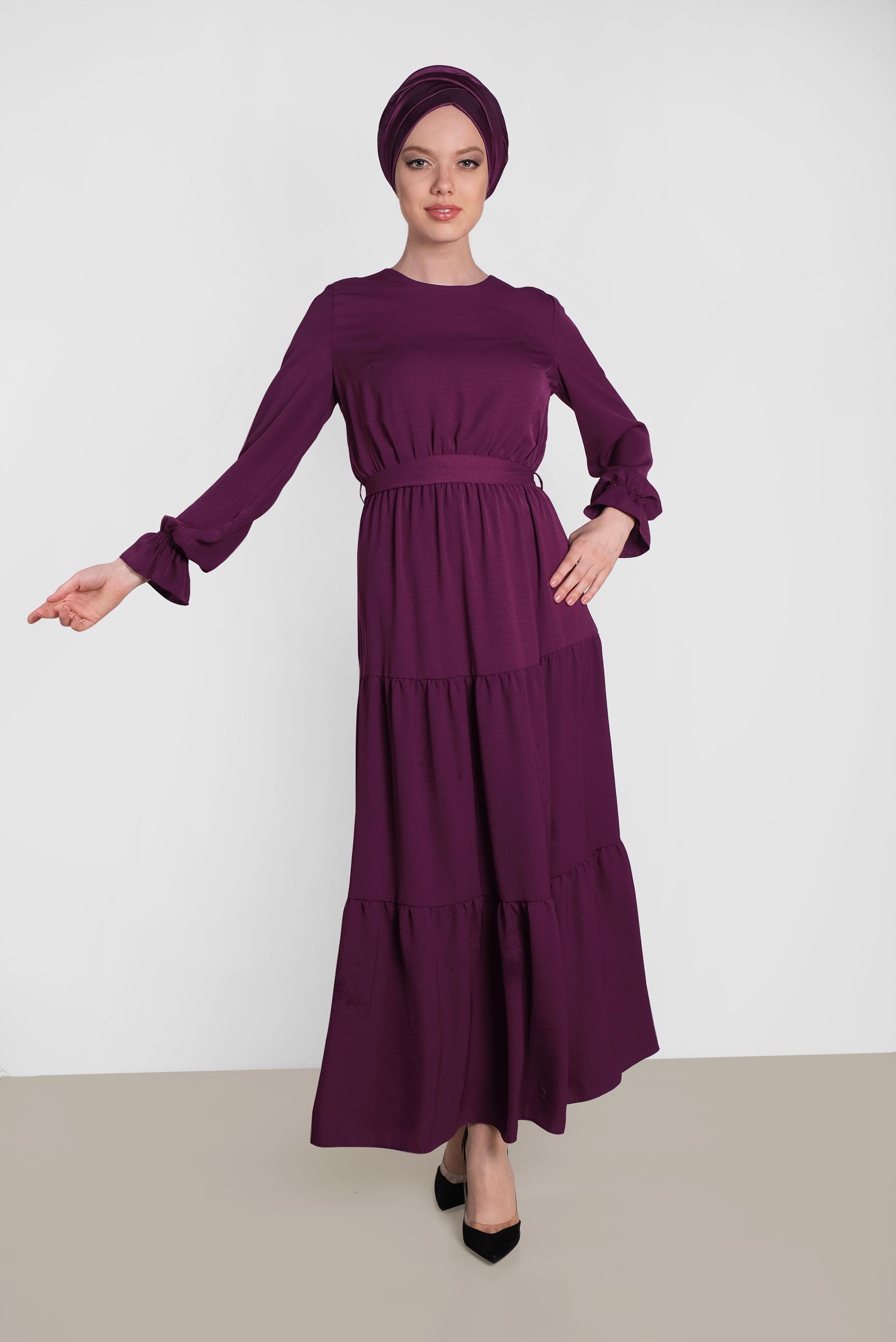 Tesettür giyim MOR  MANŞETLERİ LASTİKLİ BELİ KUŞAKLI ELBİSE 4488 