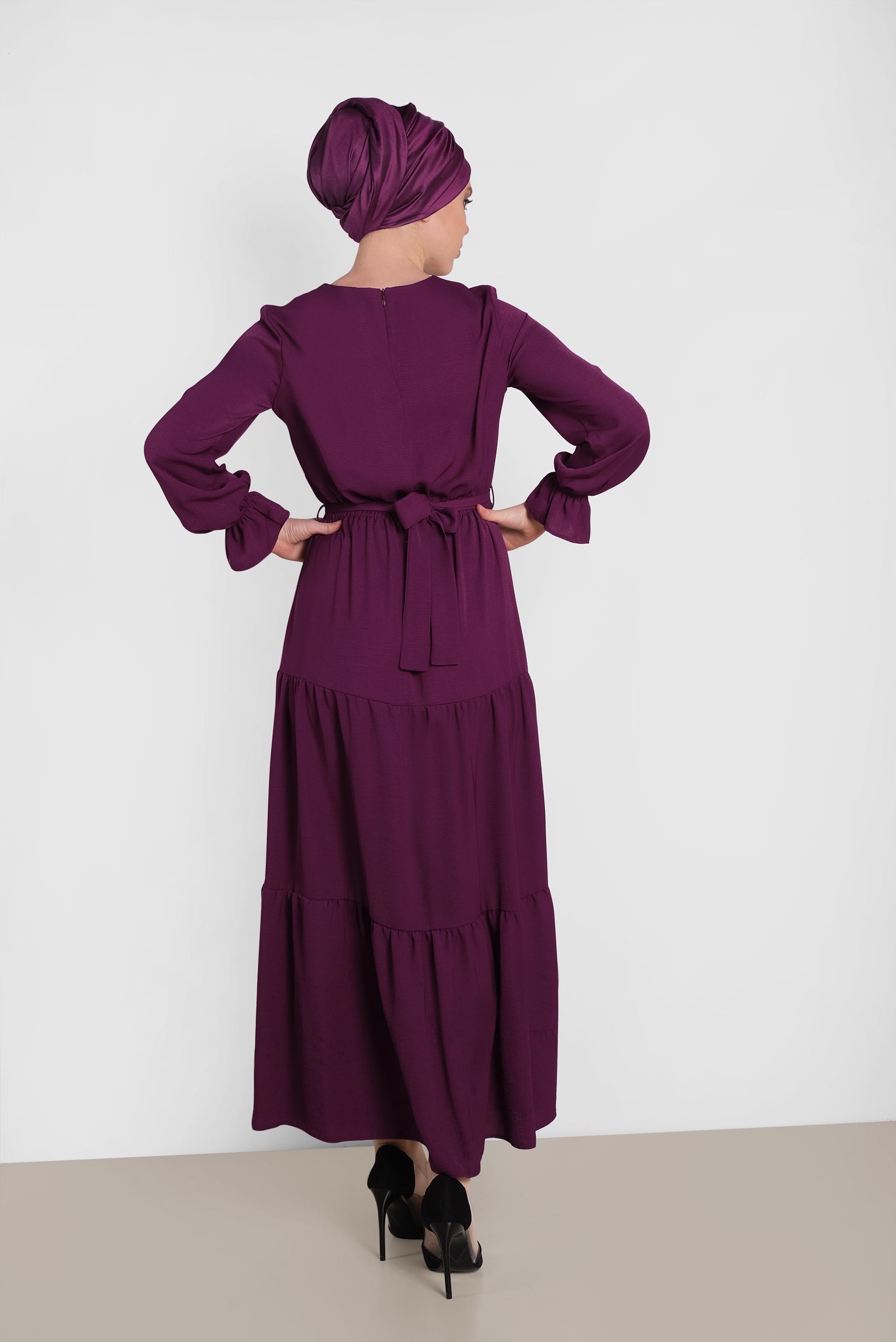 Tesettür giyim MOR  MANŞETLERİ LASTİKLİ BELİ KUŞAKLI ELBİSE 4488 