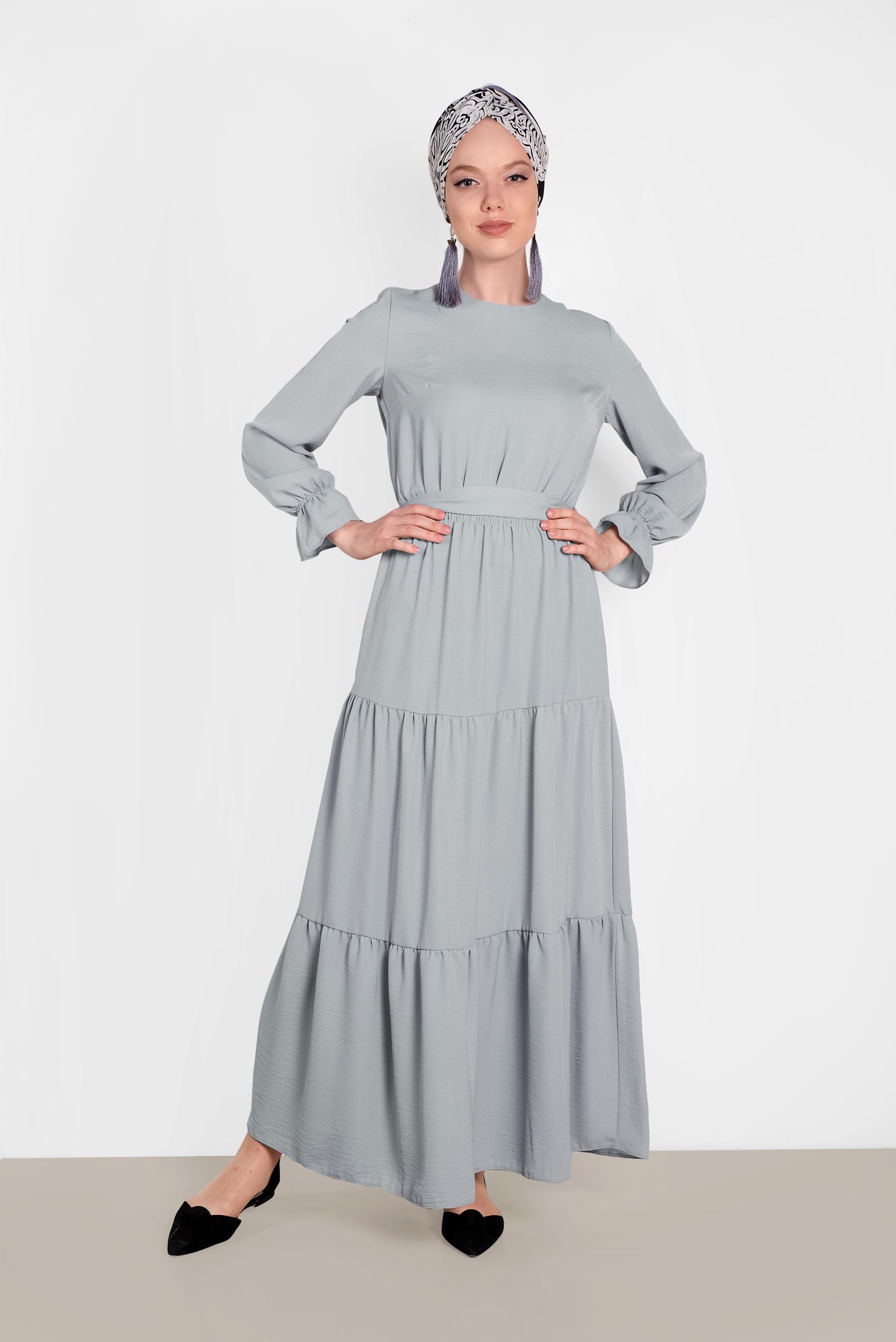 Tesettür giyim GRİ  MANŞETLERİ LASTİKLİ BELİ KUŞAKLI ELBİSE 4488 