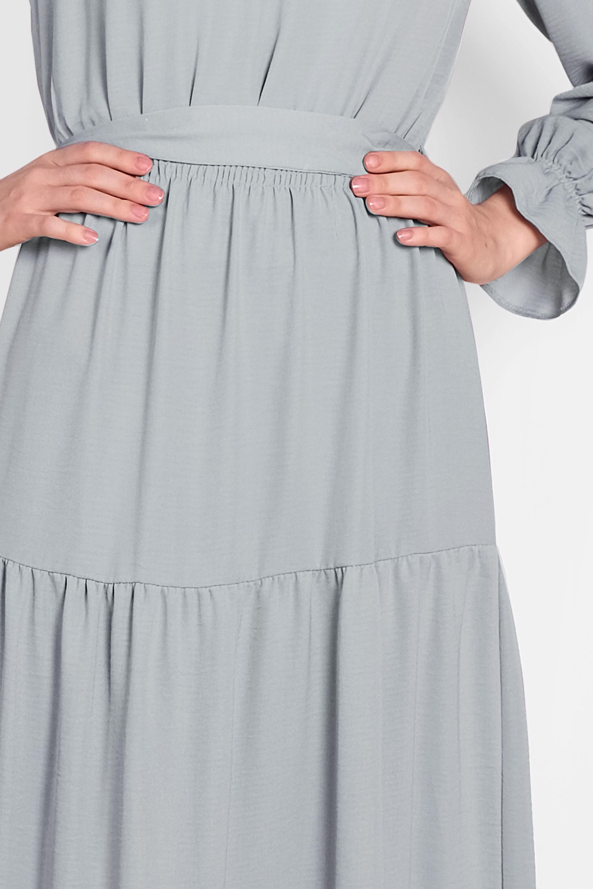 Tesettür giyim GRİ  MANŞETLERİ LASTİKLİ BELİ KUŞAKLI ELBİSE 4488 