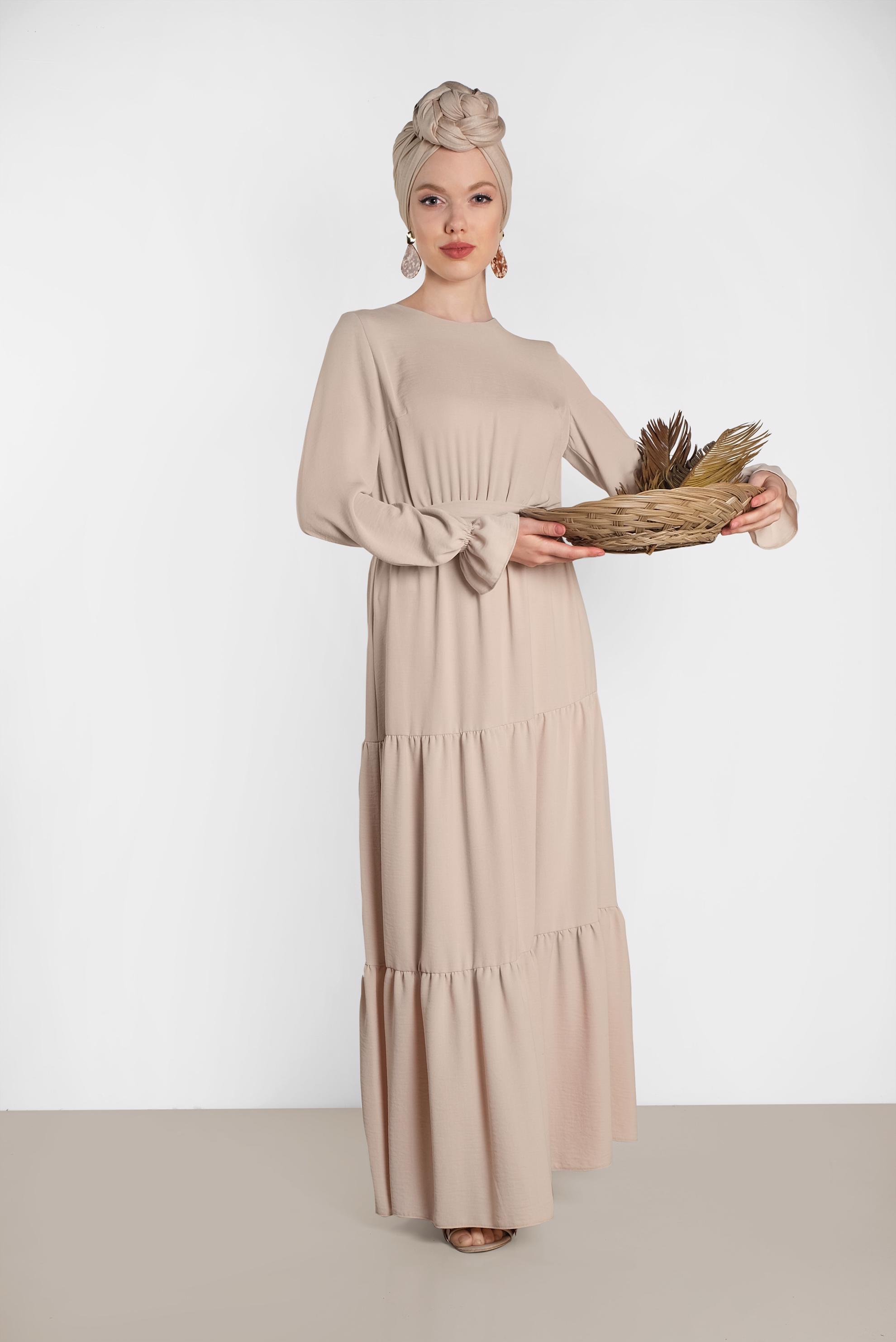 Tesettür giyim KUM  MANŞETLERİ LASTİKLİ BELİ KUŞAKLI ELBİSE 4488 