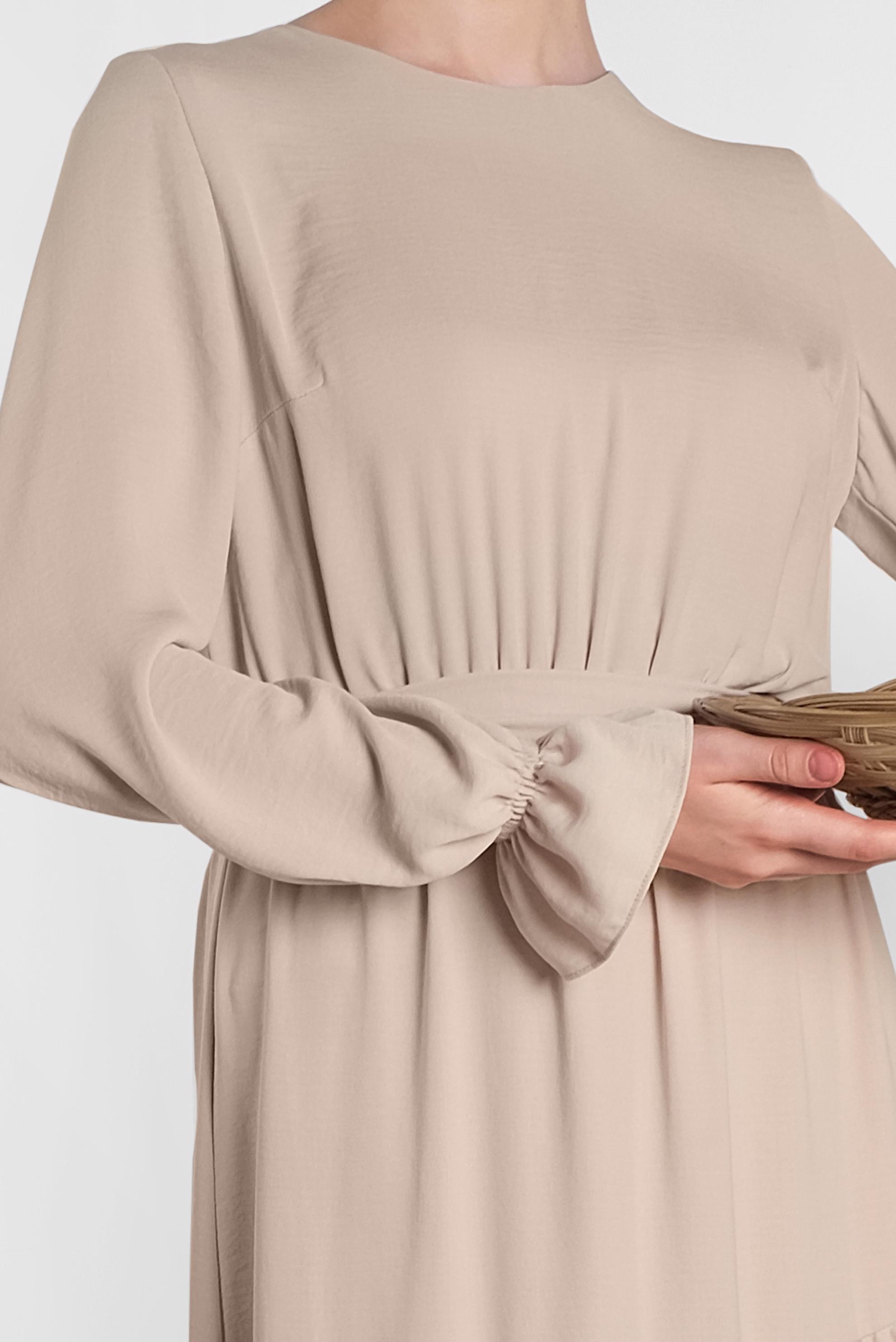 Tesettür giyim KUM  MANŞETLERİ LASTİKLİ BELİ KUŞAKLI ELBİSE 4488 