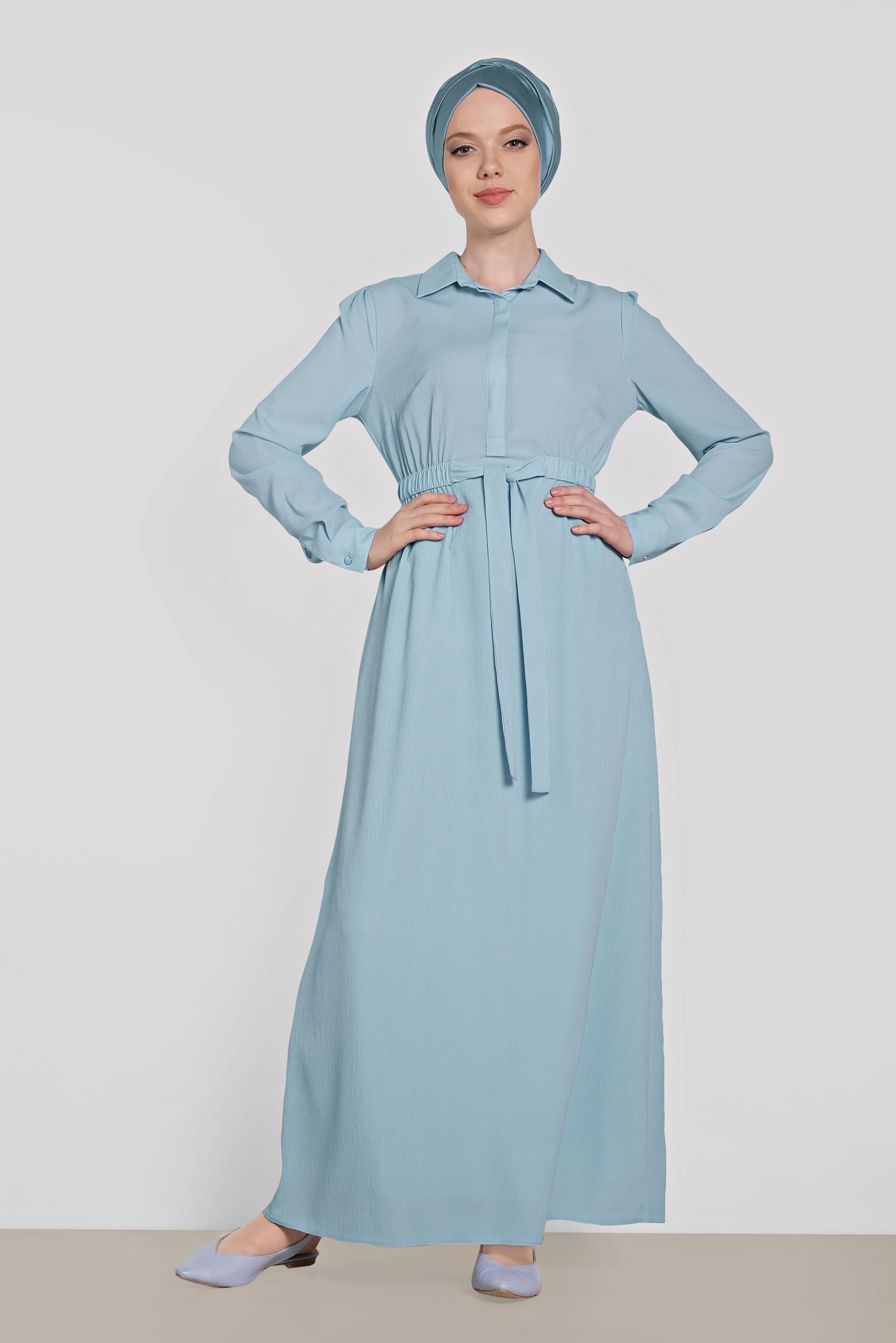 Tesettür giyim MAVİ BELİ LASTİKLİ KUŞAK DETAYLI ELBİSE 4489