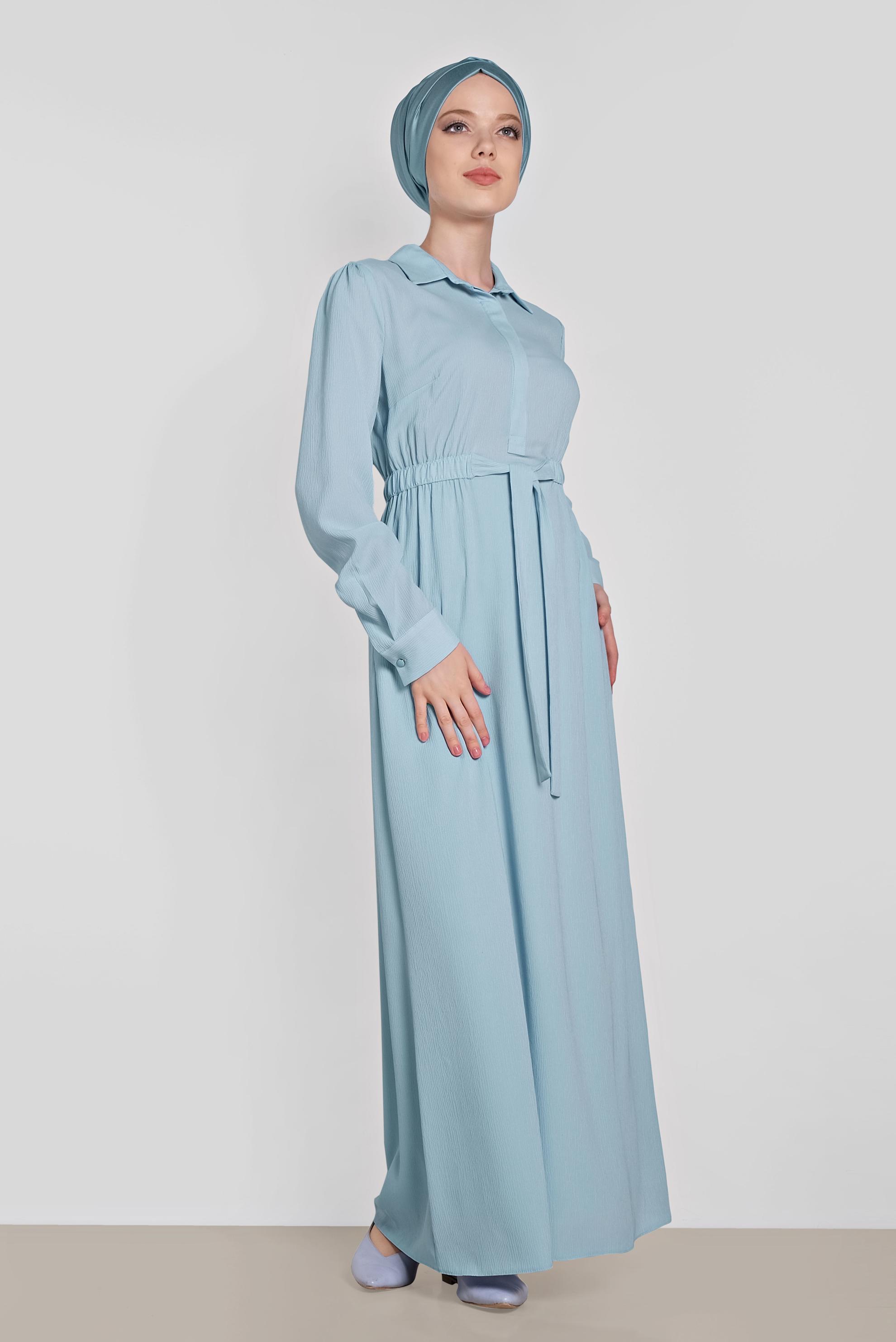 Tesettür giyim MAVİ BELİ LASTİKLİ KUŞAK DETAYLI ELBİSE 4489