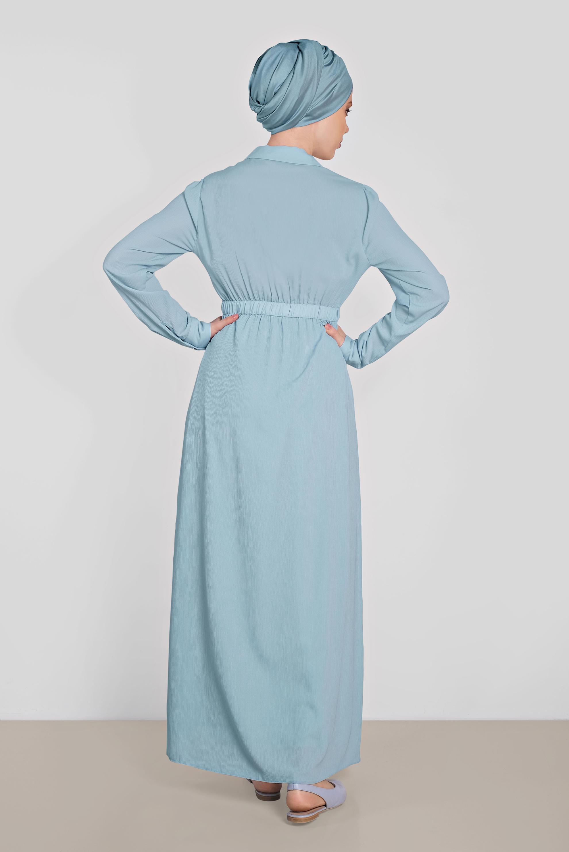 Tesettür giyim MAVİ BELİ LASTİKLİ KUŞAK DETAYLI ELBİSE 4489