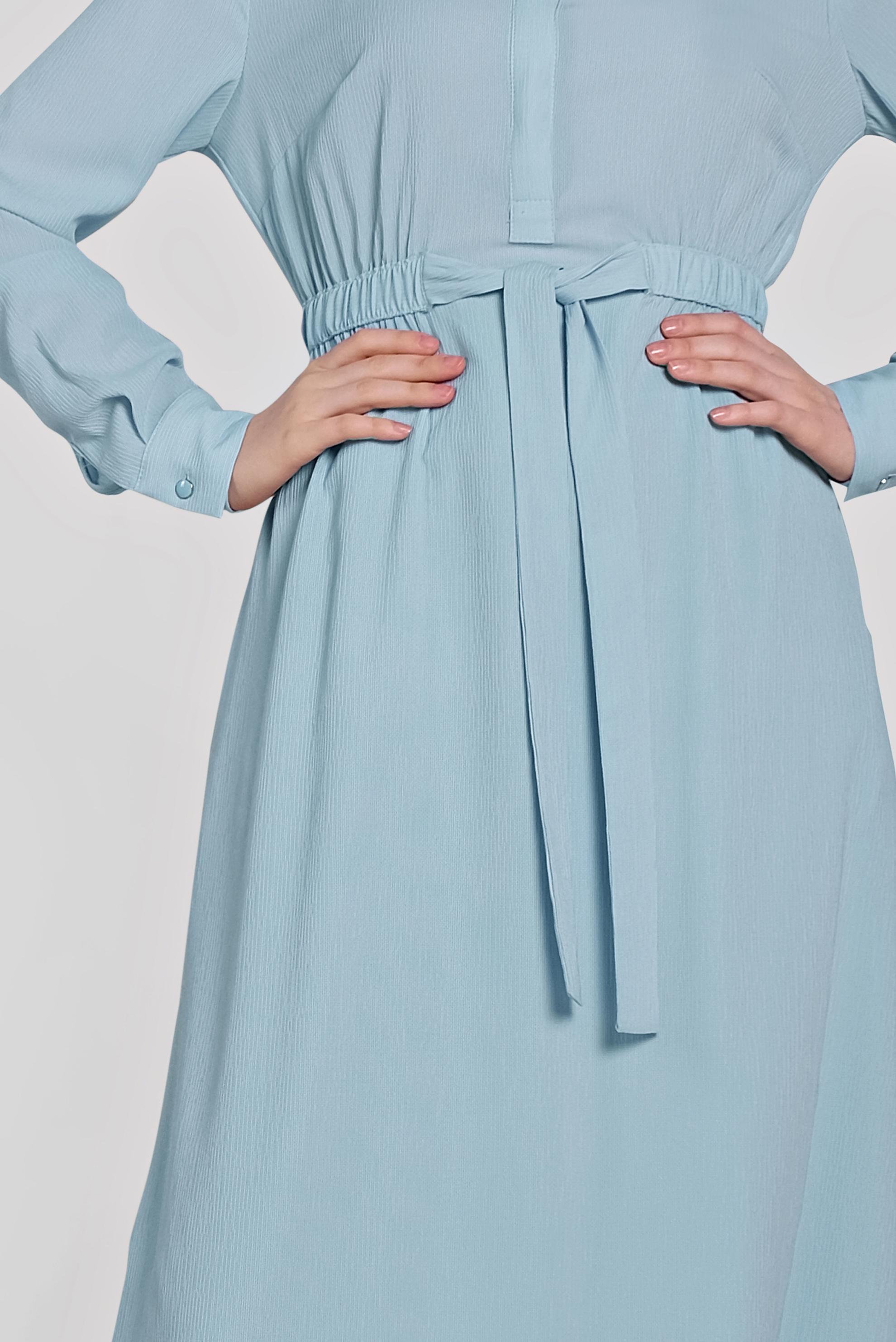 Tesettür giyim MAVİ BELİ LASTİKLİ KUŞAK DETAYLI ELBİSE 4489