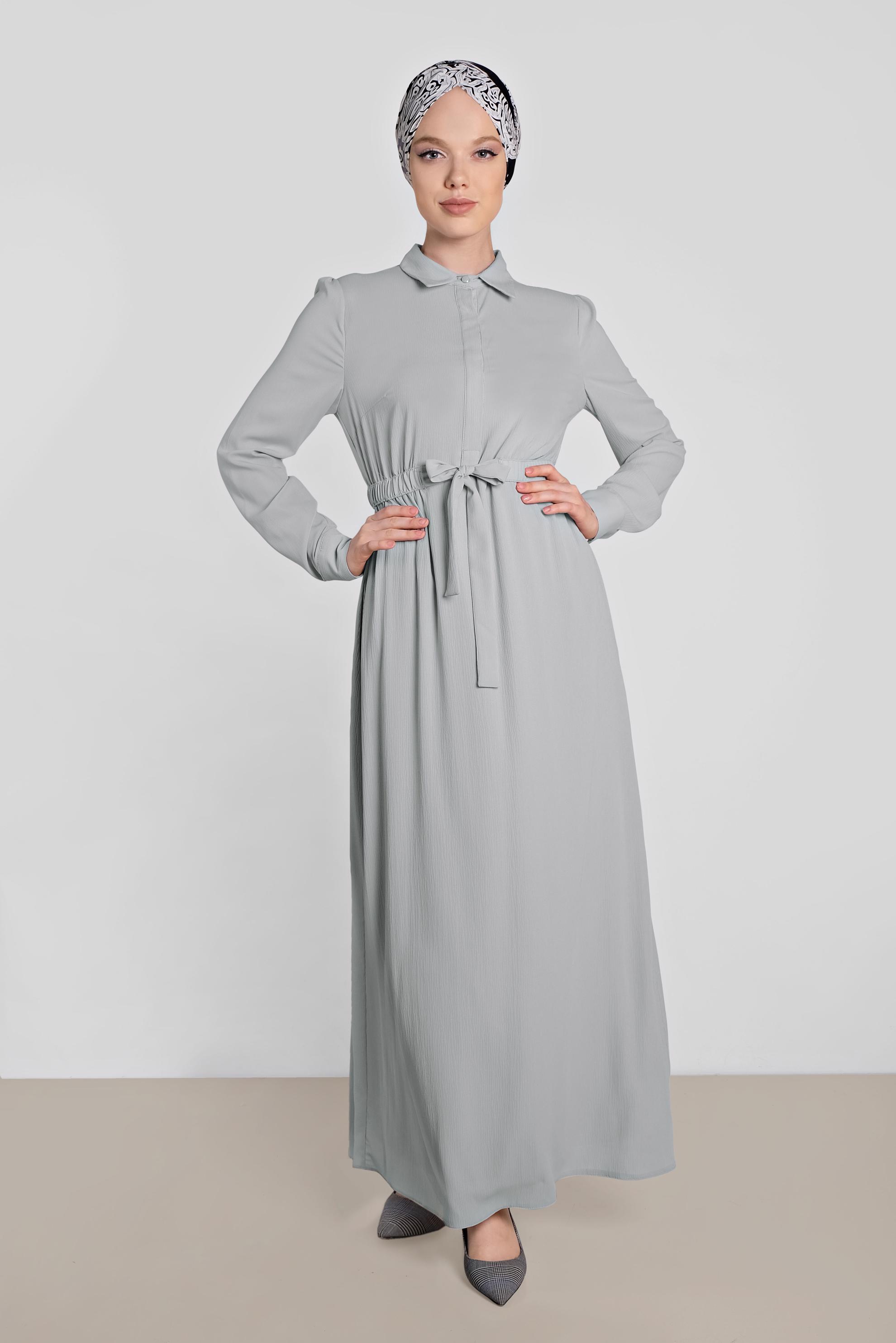 Tesettür giyim GRİ BELİ LASTİKLİ KUŞAK DETAYLI ELBİSE 4489