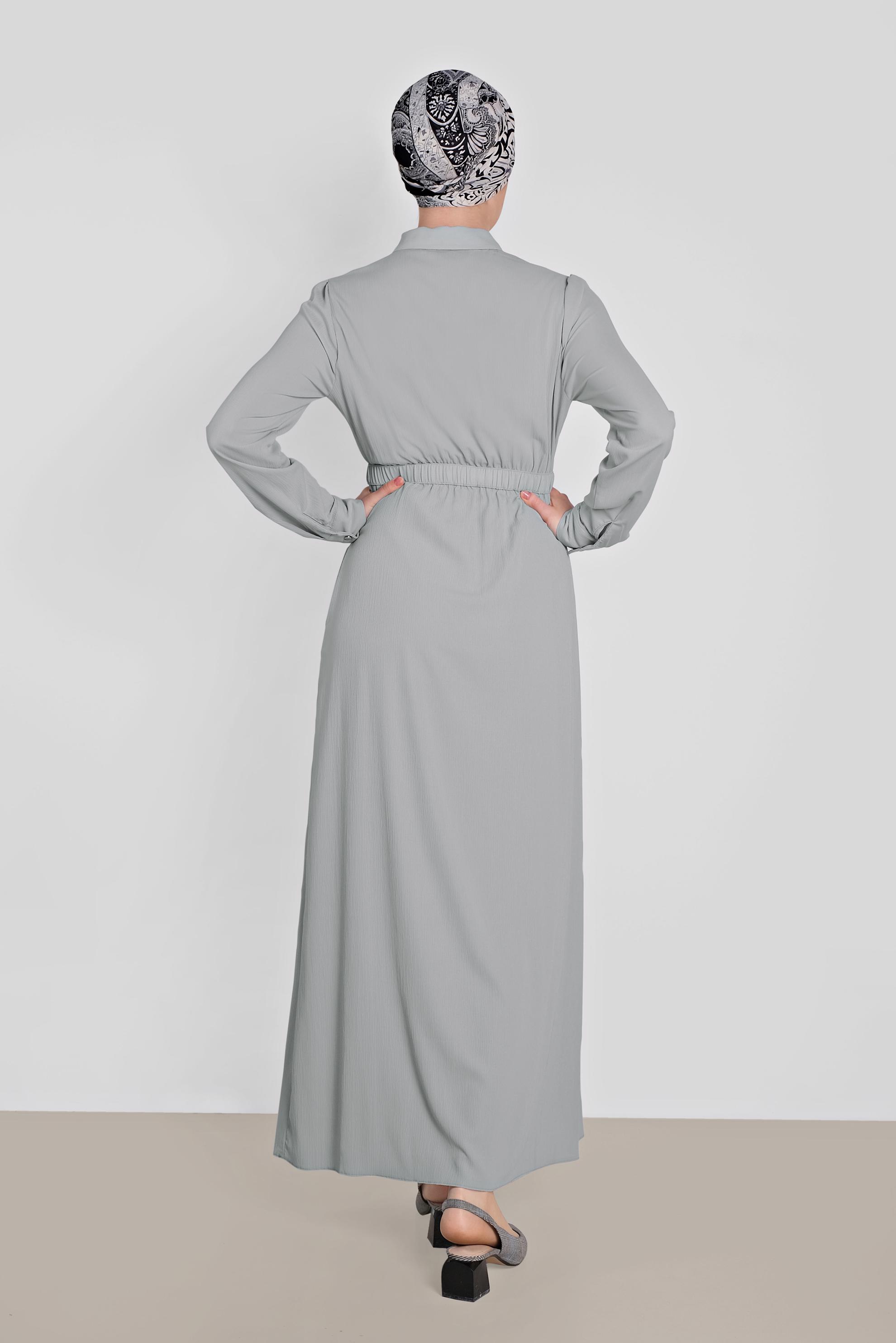 Tesettür giyim GRİ BELİ LASTİKLİ KUŞAK DETAYLI ELBİSE 4489