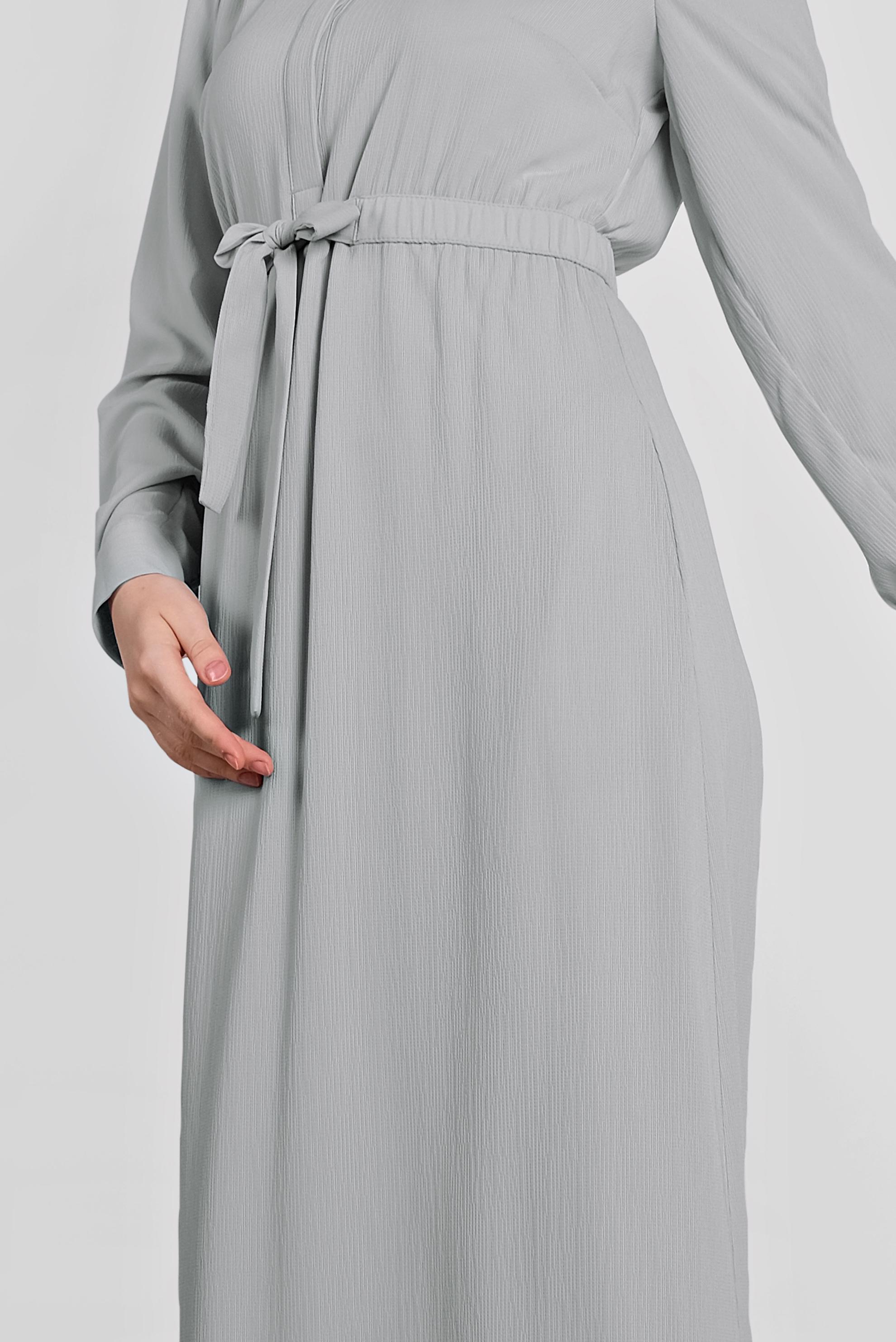 Tesettür giyim GRİ BELİ LASTİKLİ KUŞAK DETAYLI ELBİSE 4489