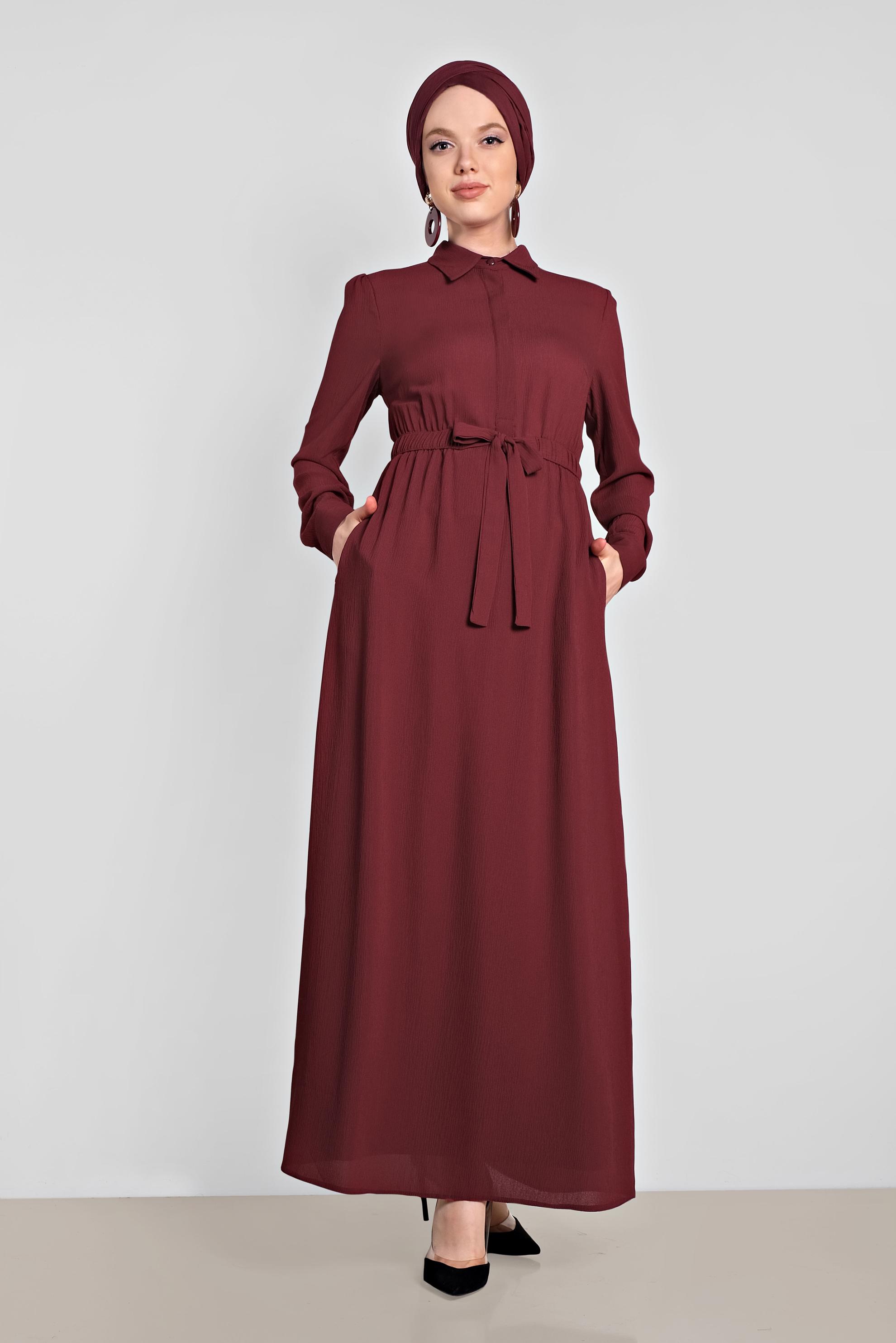Tesettür giyim KIRMIZI BELİ LASTİKLİ KUŞAK DETAYLI ELBİSE 4489