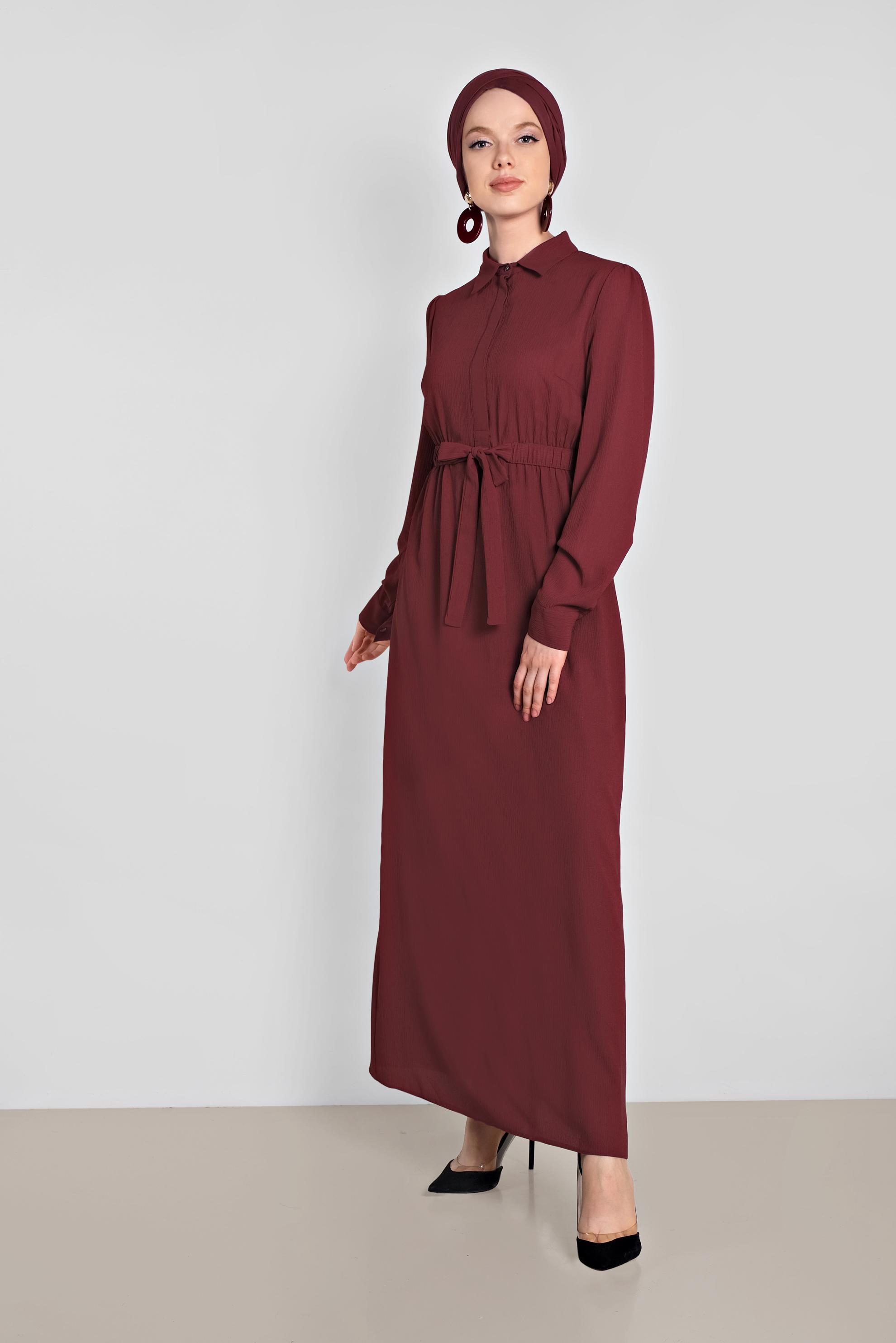 Tesettür giyim KIRMIZI BELİ LASTİKLİ KUŞAK DETAYLI ELBİSE 4489