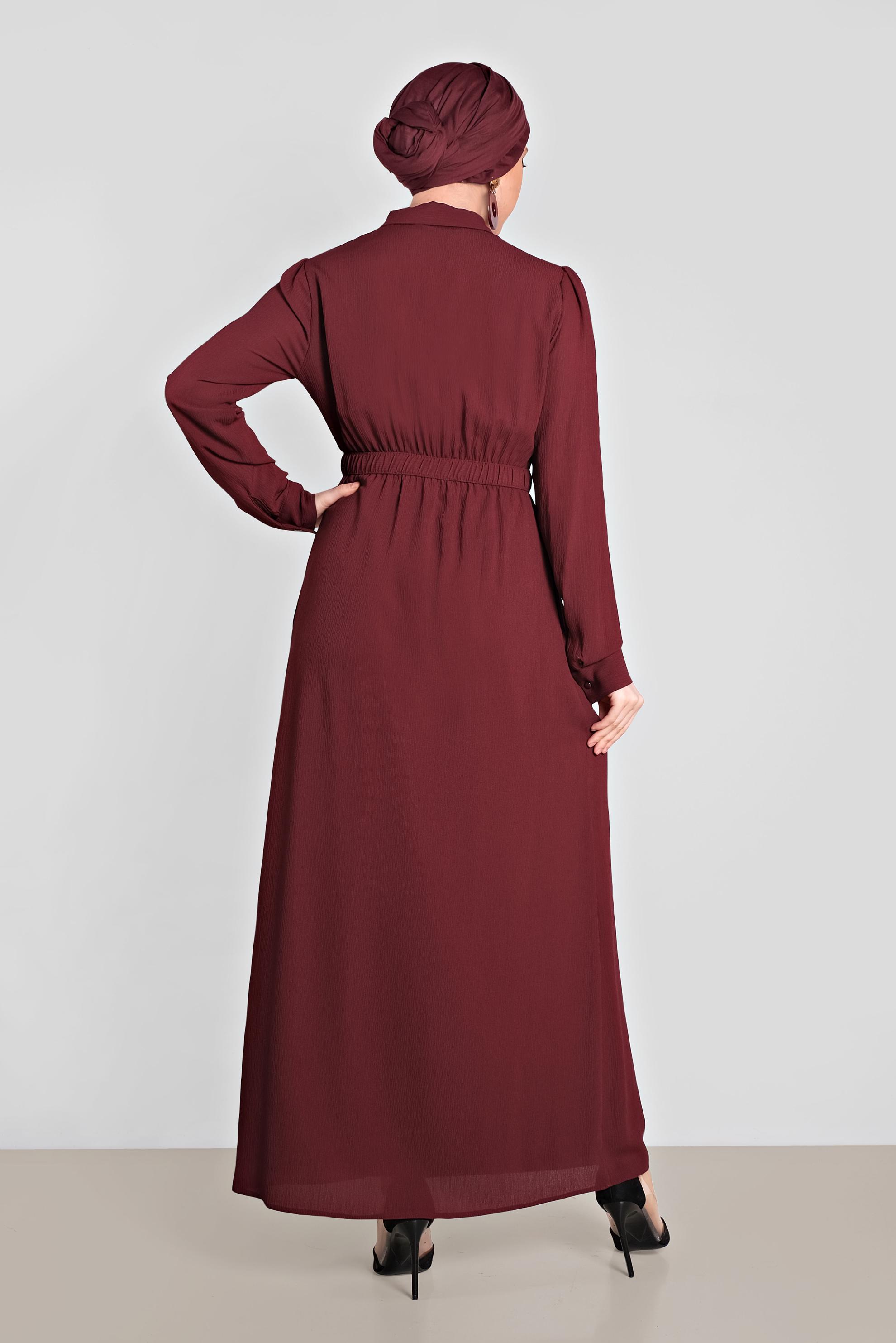 Tesettür giyim KIRMIZI BELİ LASTİKLİ KUŞAK DETAYLI ELBİSE 4489