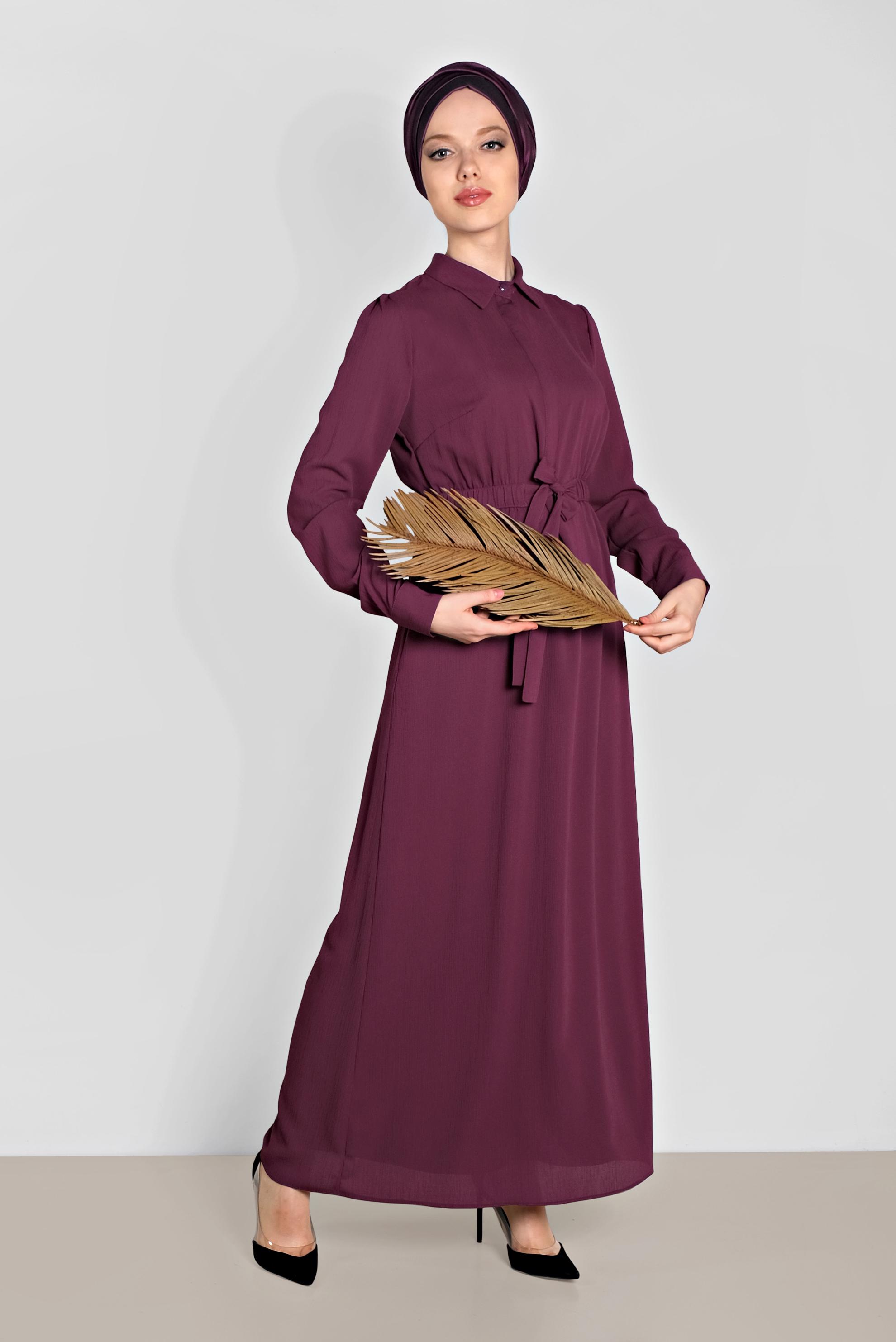 Tesettür giyim MOR BELİ LASTİKLİ KUŞAK DETAYLI ELBİSE 4489