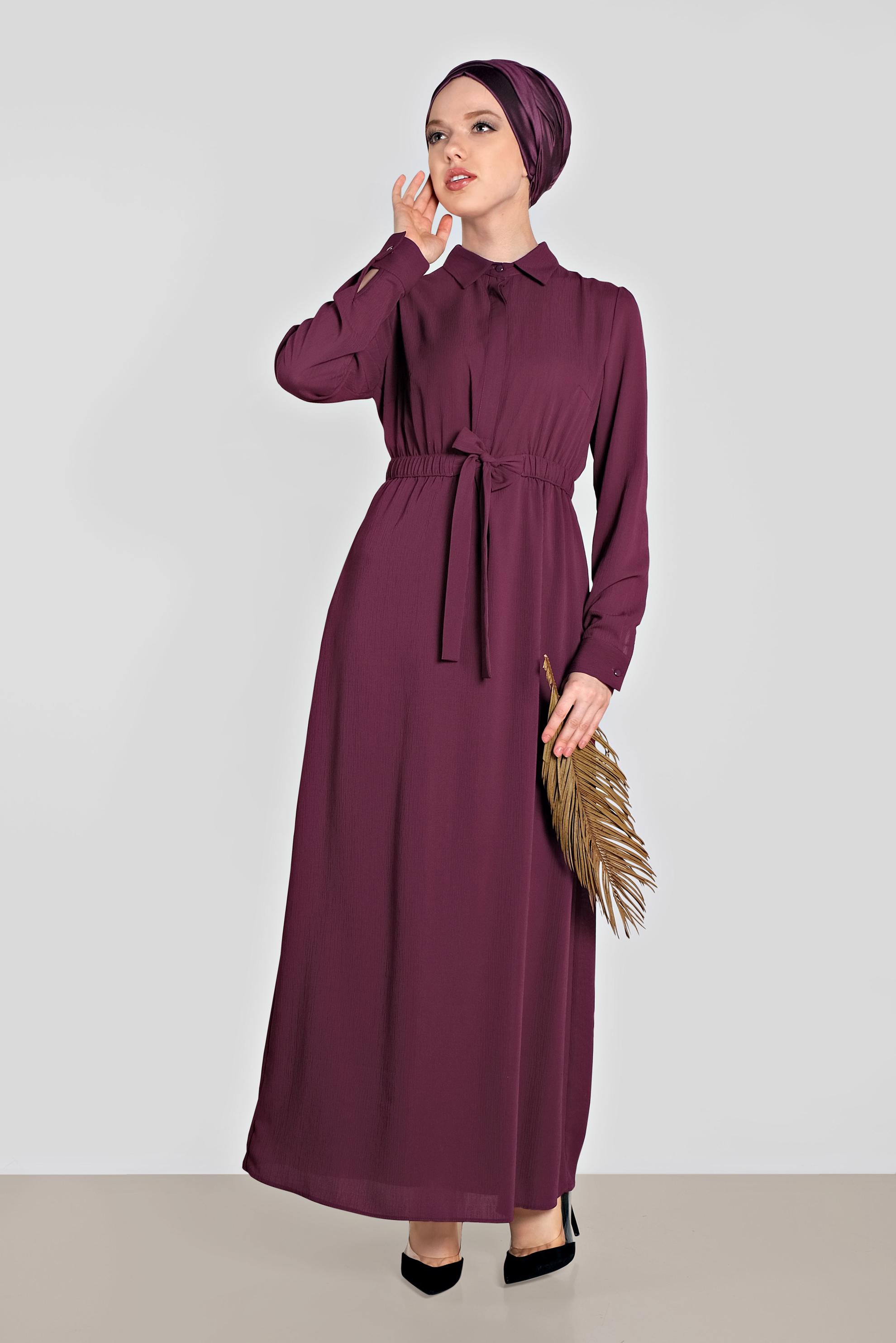 Tesettür giyim MOR BELİ LASTİKLİ KUŞAK DETAYLI ELBİSE 4489