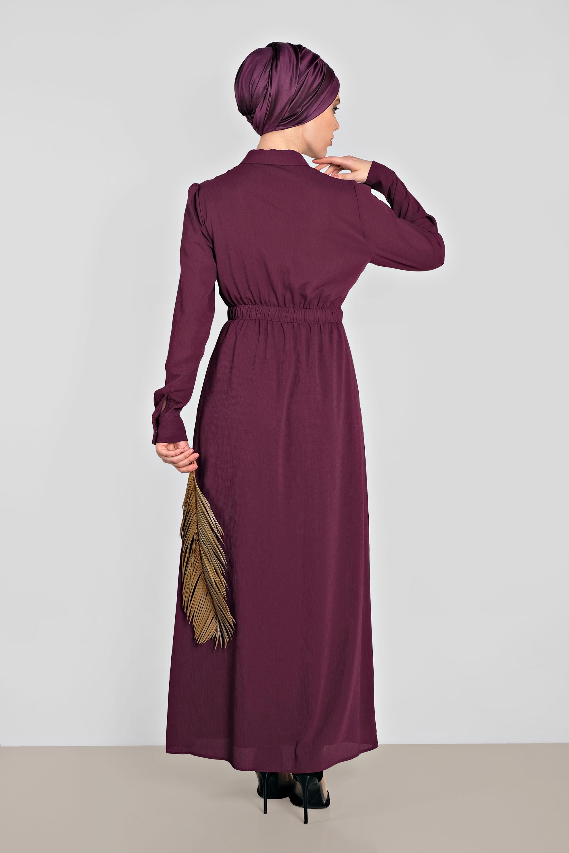Tesettür giyim MOR BELİ LASTİKLİ KUŞAK DETAYLI ELBİSE 4489