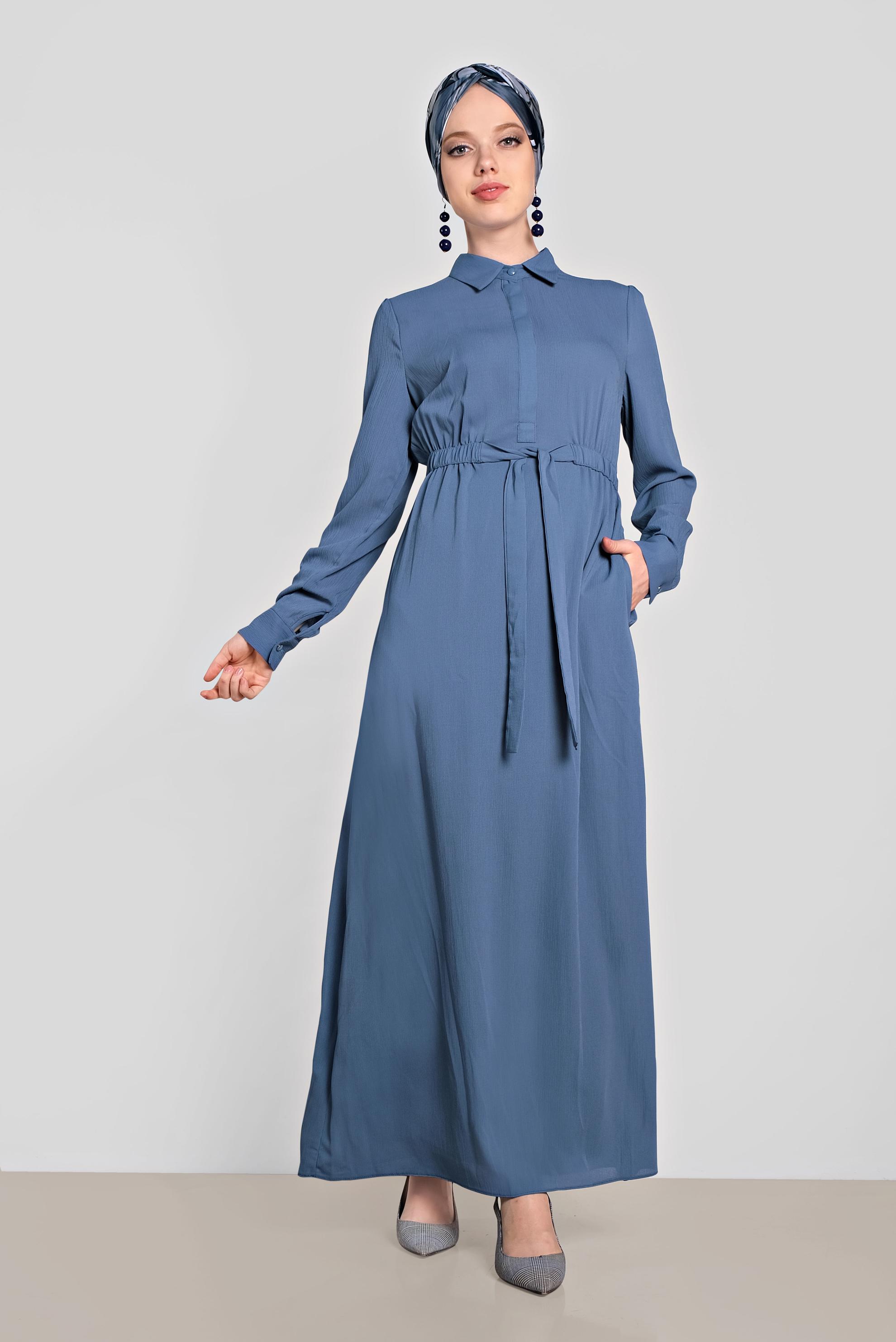 Tesettür giyim MAVİ BELİ LASTİKLİ KUŞAK DETAYLI ELBİSE 4489