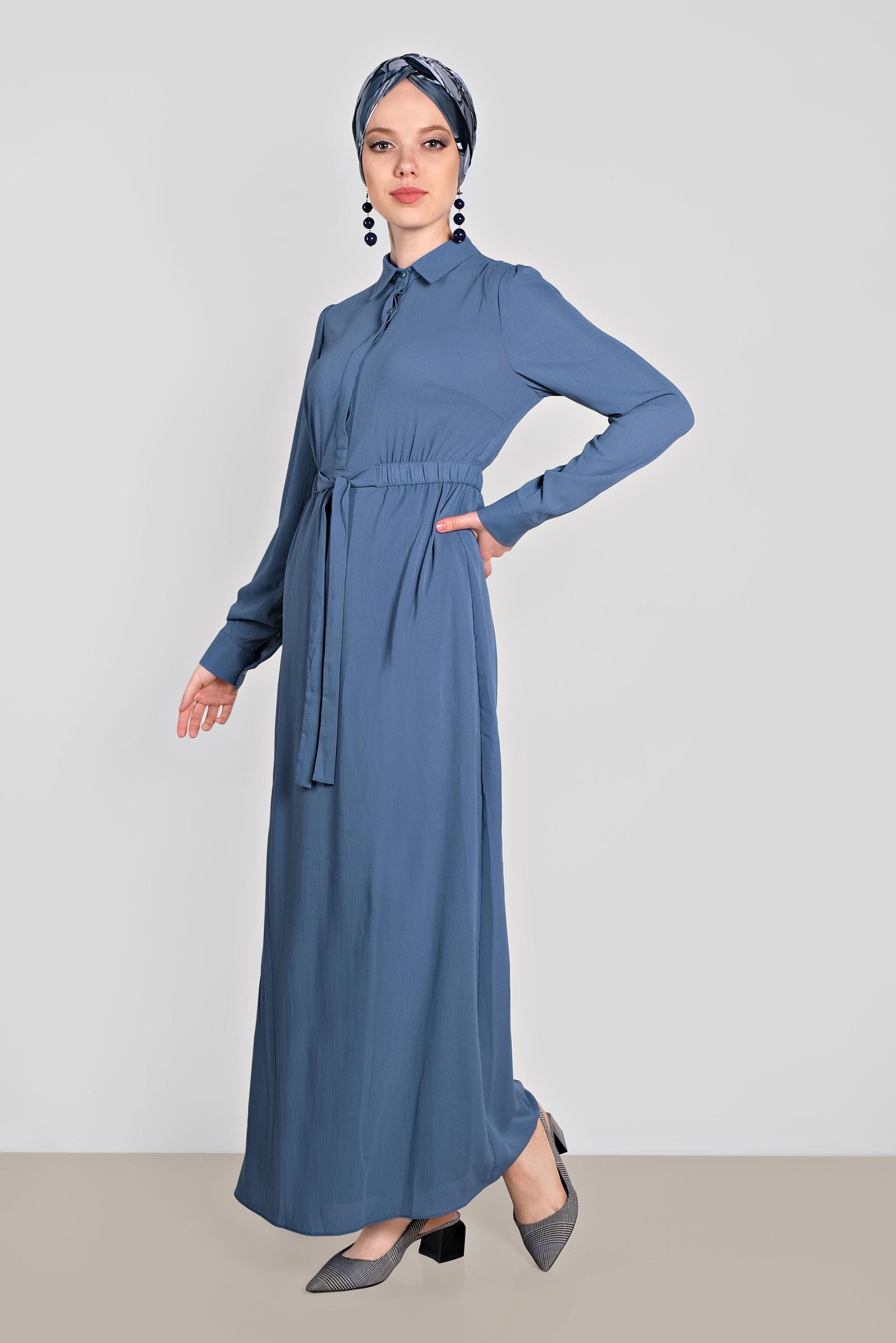 Tesettür giyim MAVİ BELİ LASTİKLİ KUŞAK DETAYLI ELBİSE 4489