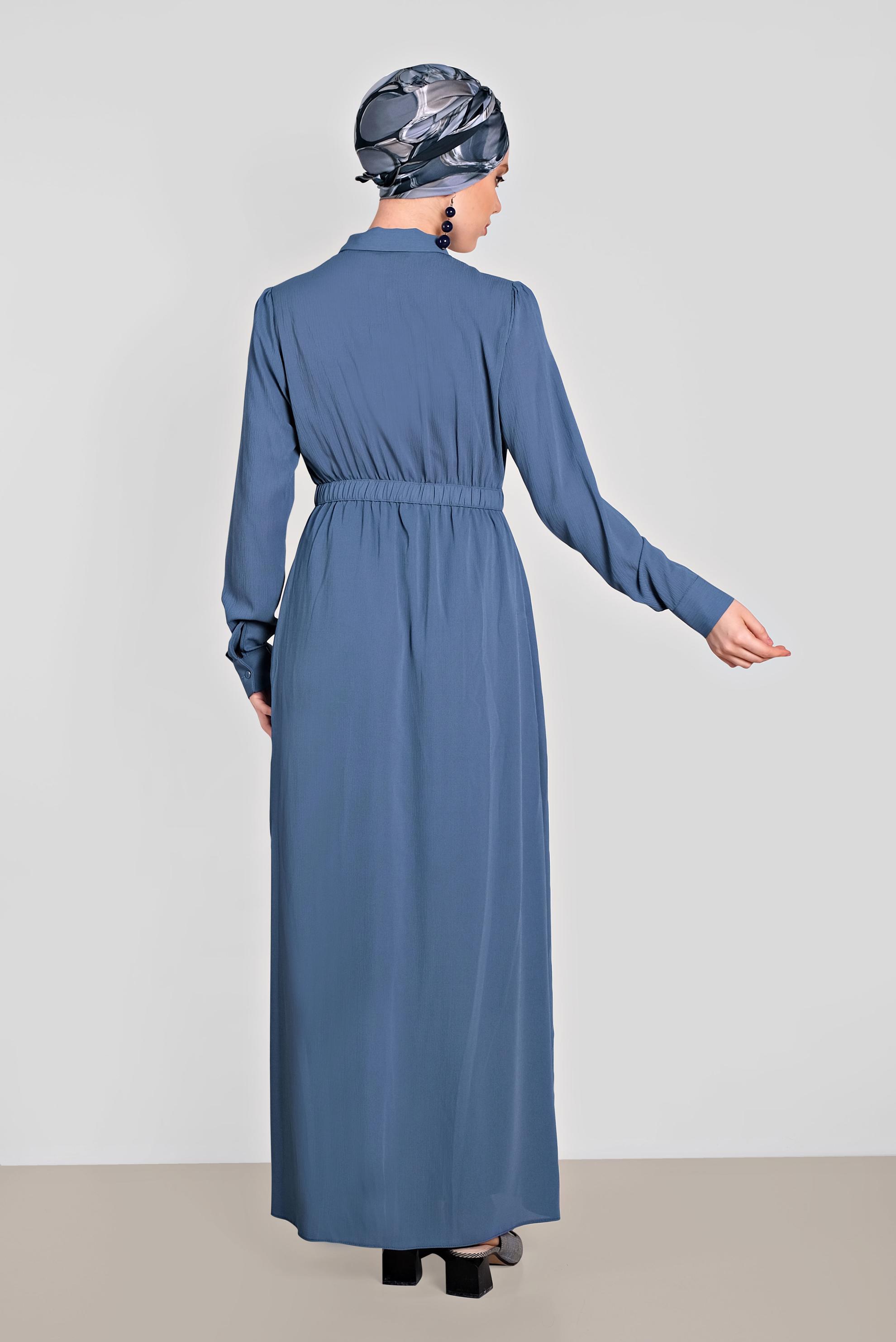 Tesettür giyim MAVİ BELİ LASTİKLİ KUŞAK DETAYLI ELBİSE 4489