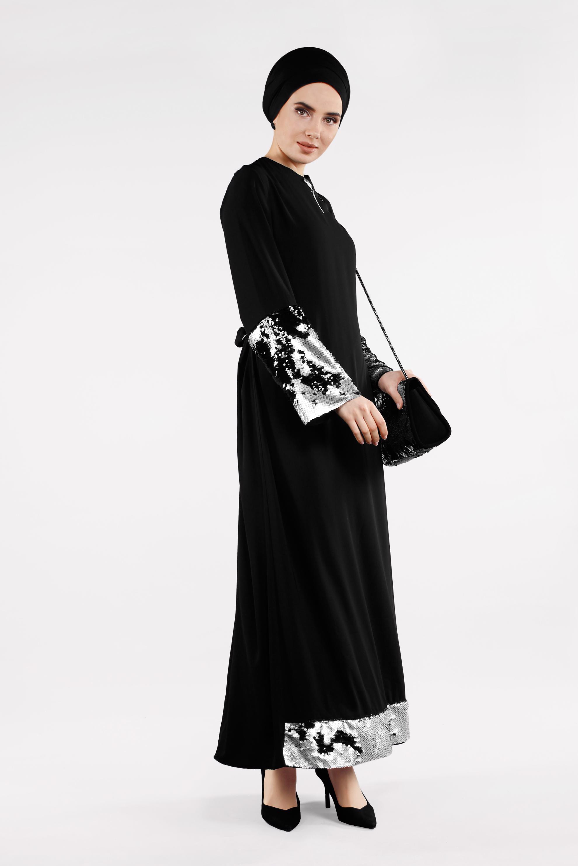 Tesettür giyim SİYAH ETEK UCU VE KOLU PAYETLİ ELBİSE  4496