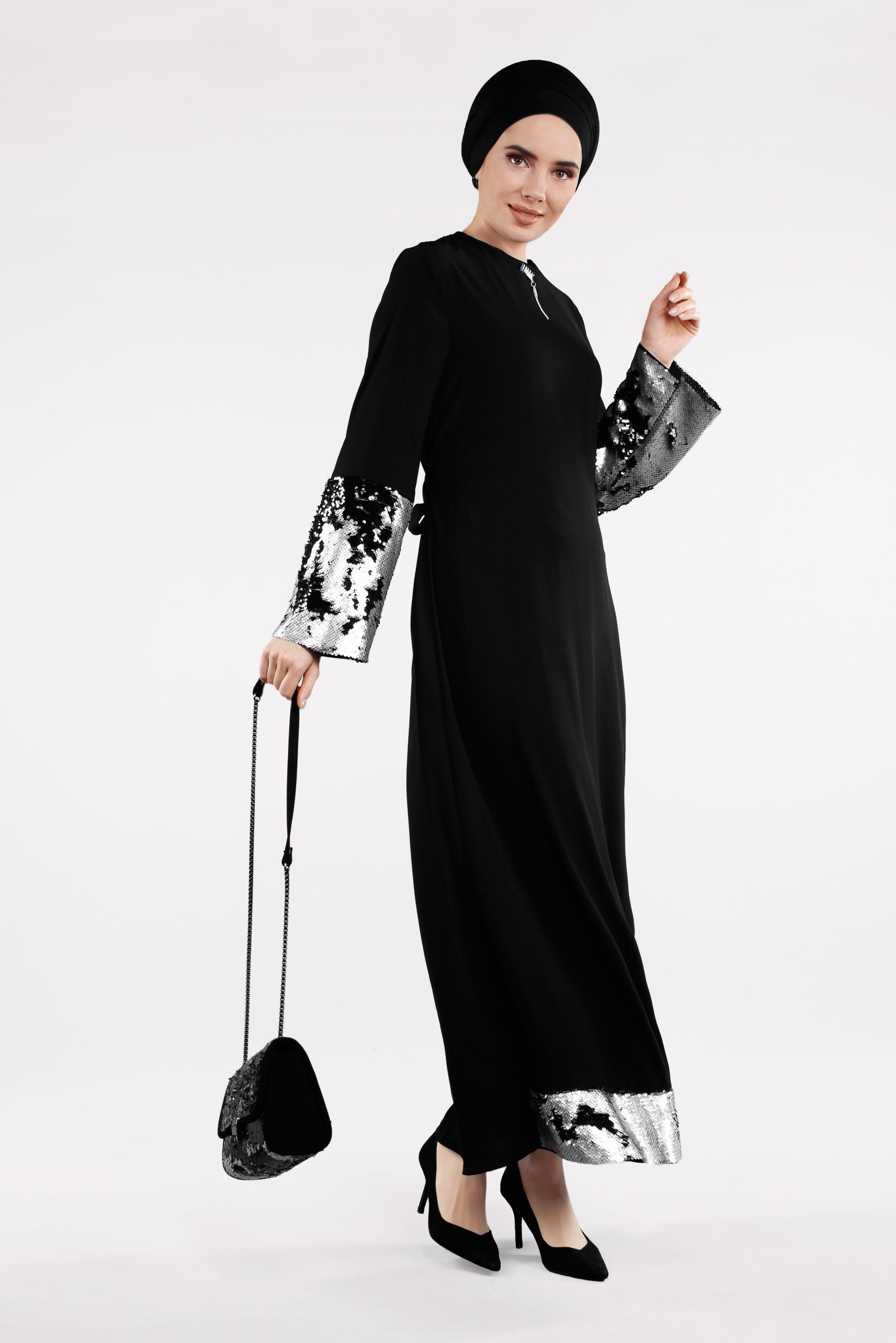 Tesettür giyim SİYAH ETEK UCU VE KOLU PAYETLİ ELBİSE  4496