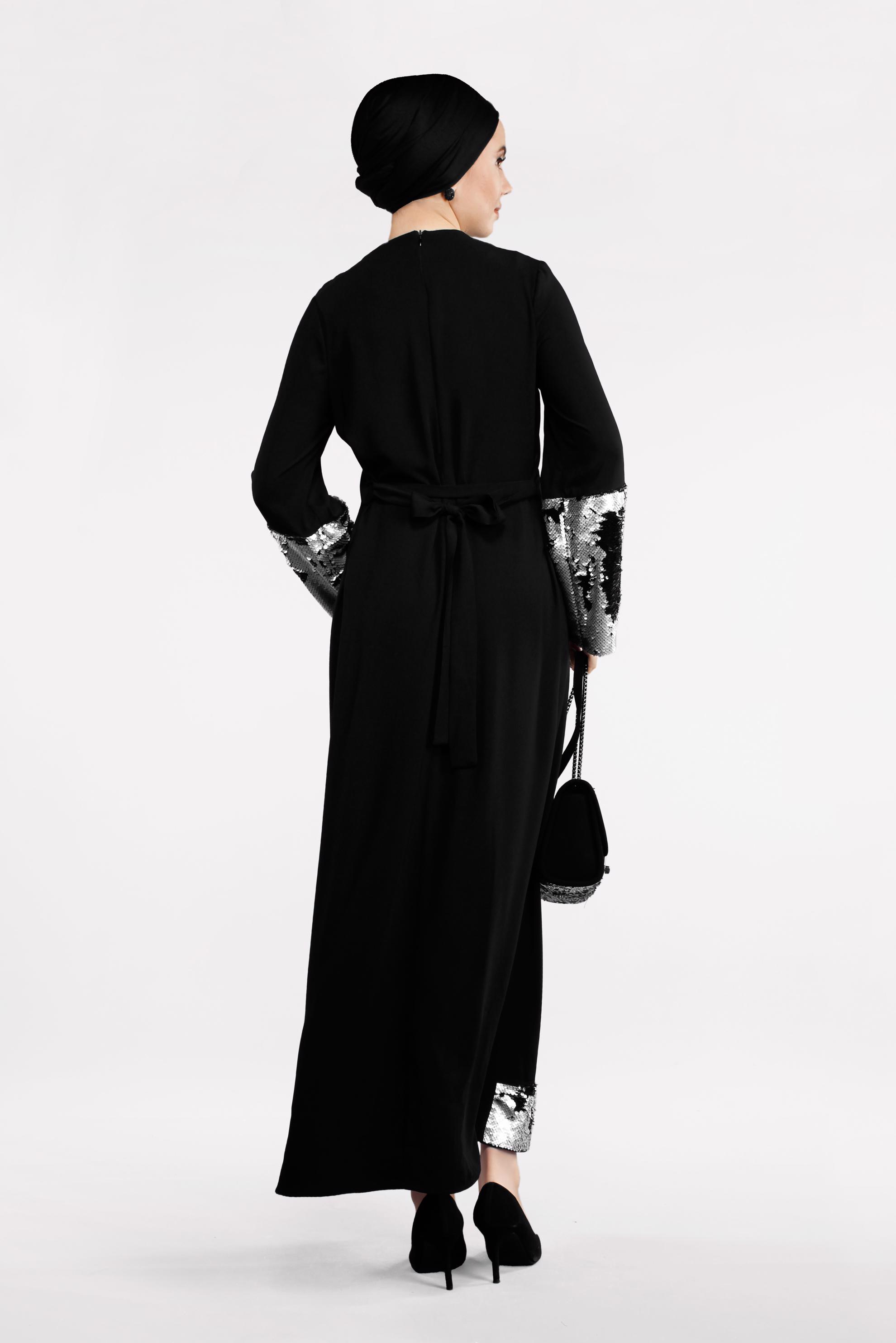 Tesettür giyim SİYAH ETEK UCU VE KOLU PAYETLİ ELBİSE  4496