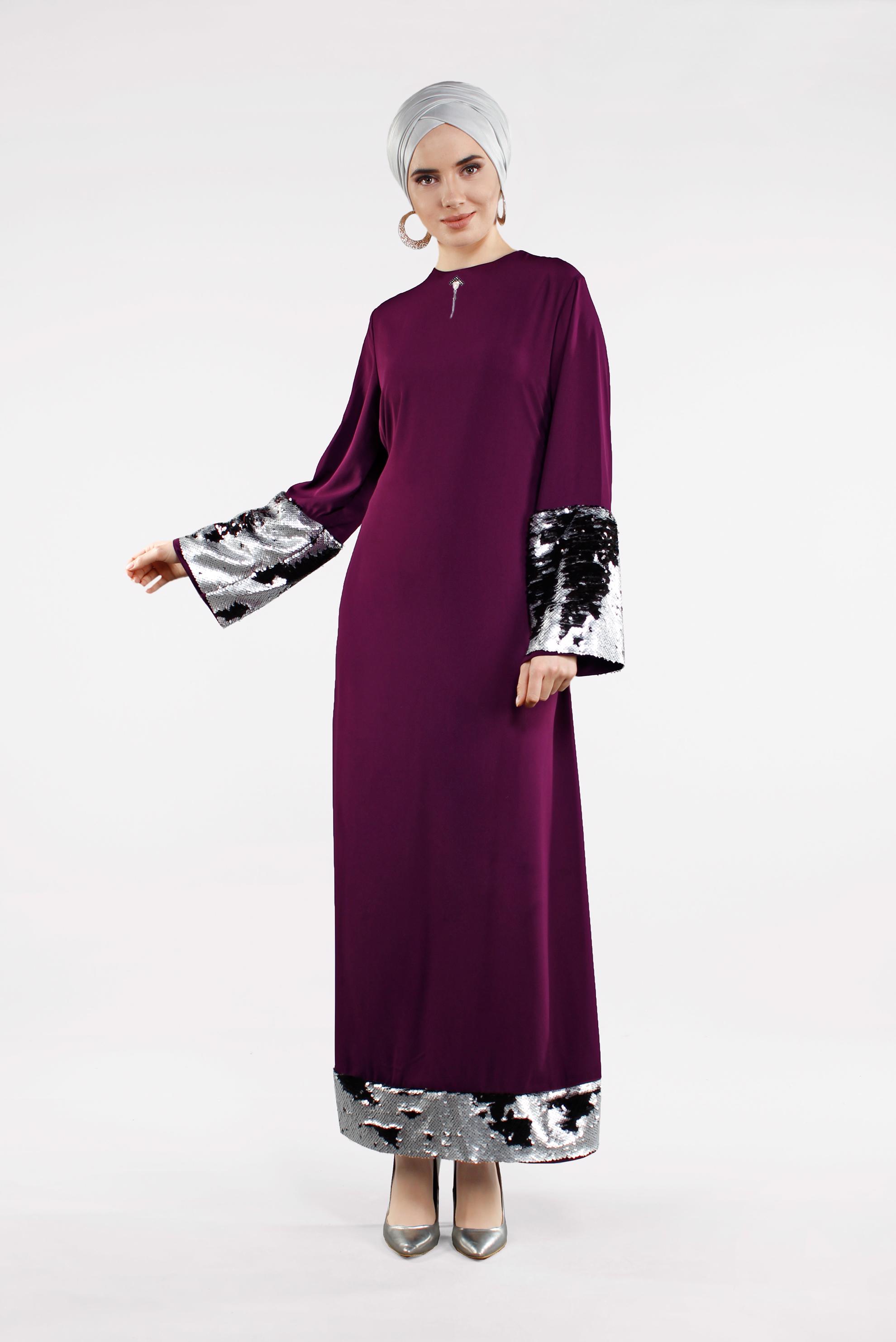 Tesettür giyim MOR ETEK UCU VE KOLU PAYETLİ ELBİSE  4496