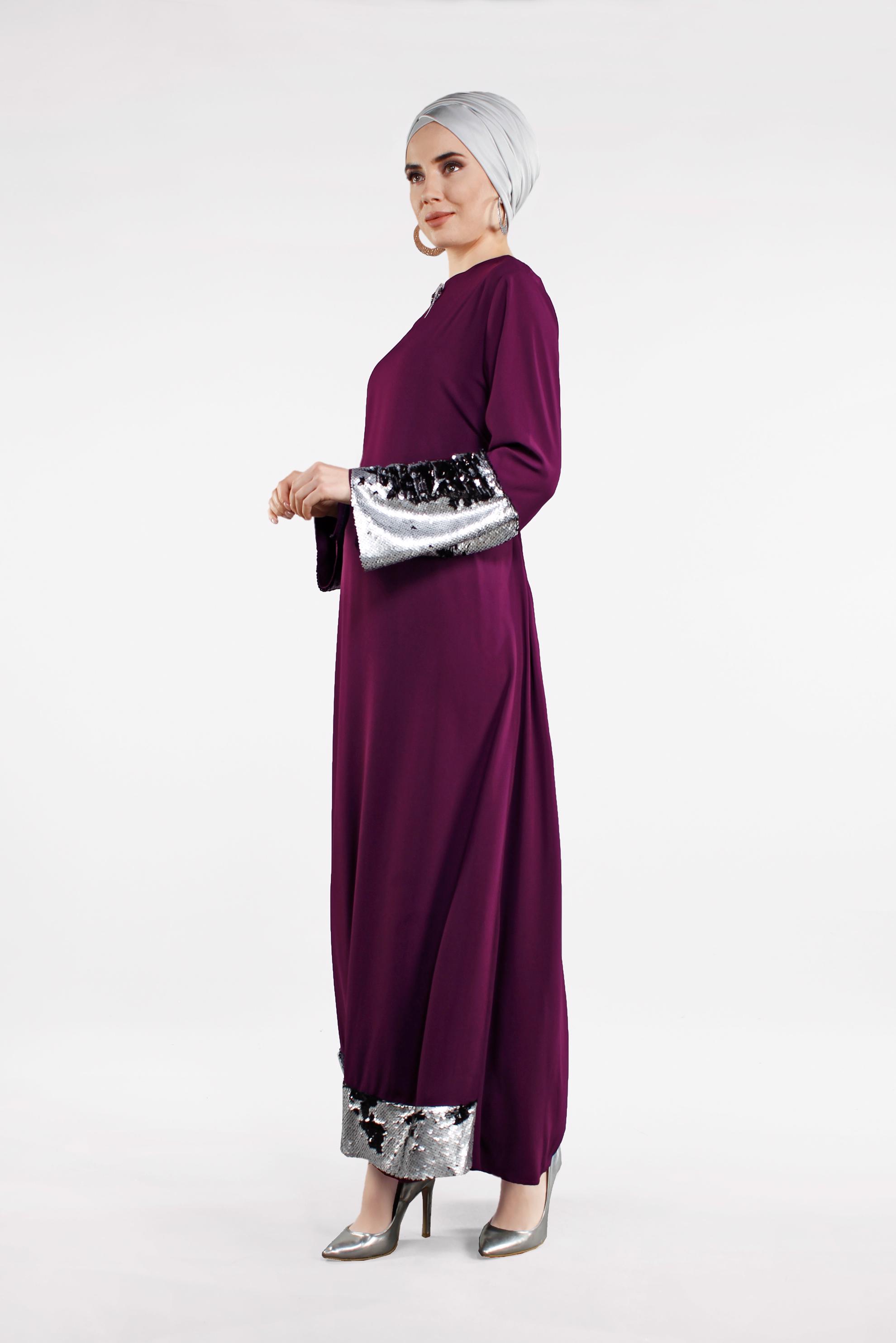 Tesettür giyim MOR ETEK UCU VE KOLU PAYETLİ ELBİSE  4496