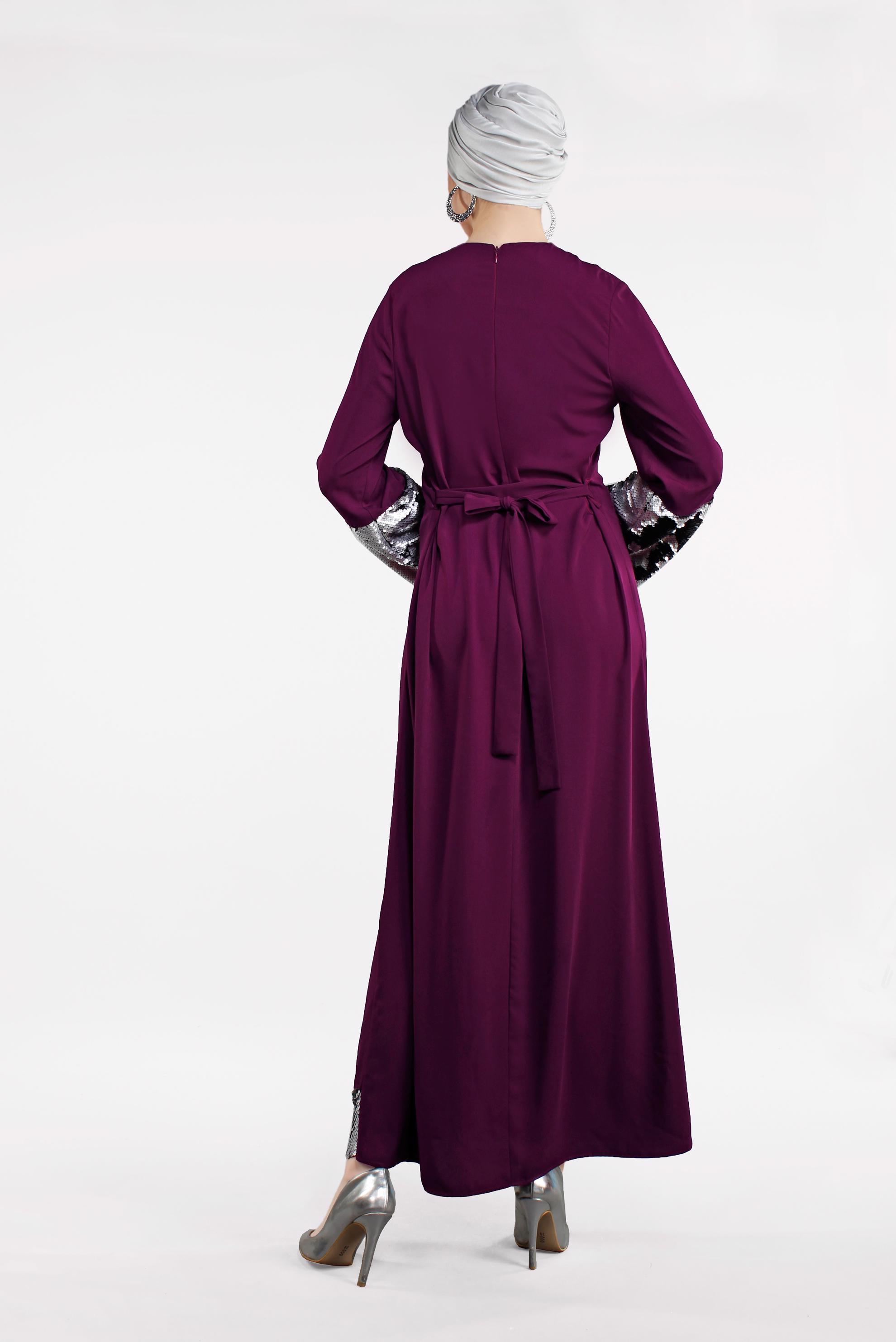 Tesettür giyim MOR ETEK UCU VE KOLU PAYETLİ ELBİSE  4496