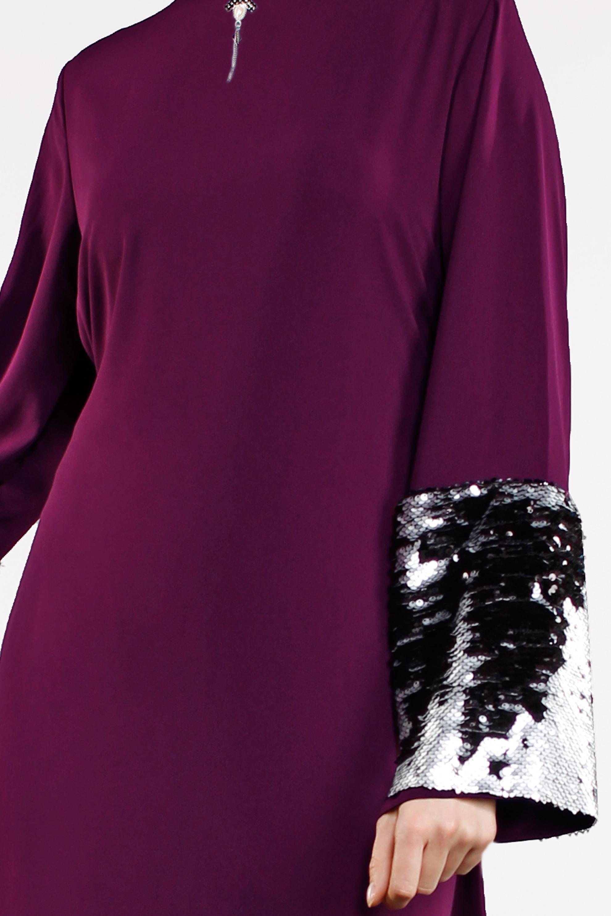 Tesettür giyim MOR ETEK UCU VE KOLU PAYETLİ ELBİSE  4496