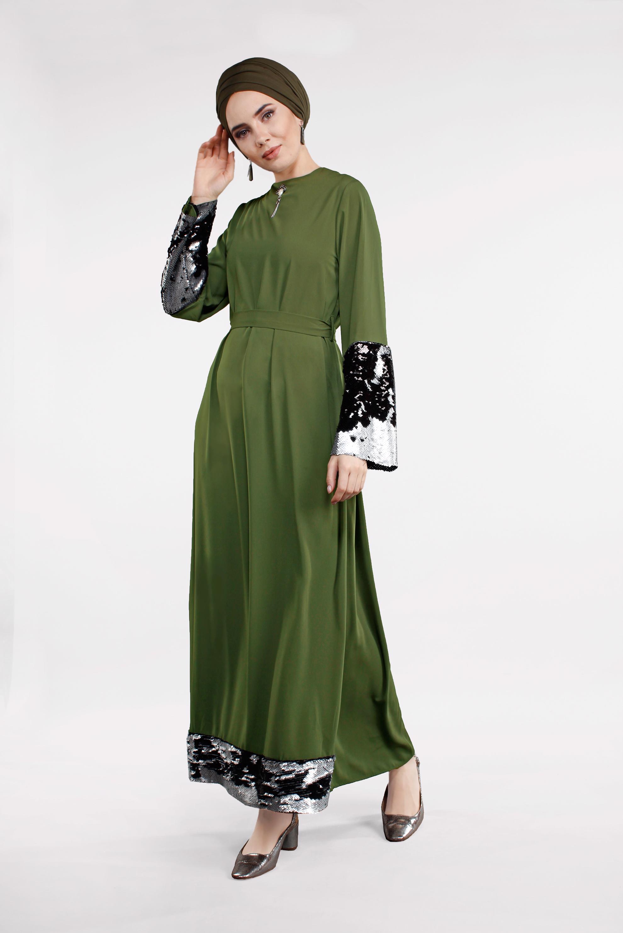 Tesettür giyim HAKİ ETEK UCU VE KOLU PAYETLİ ELBİSE  4496