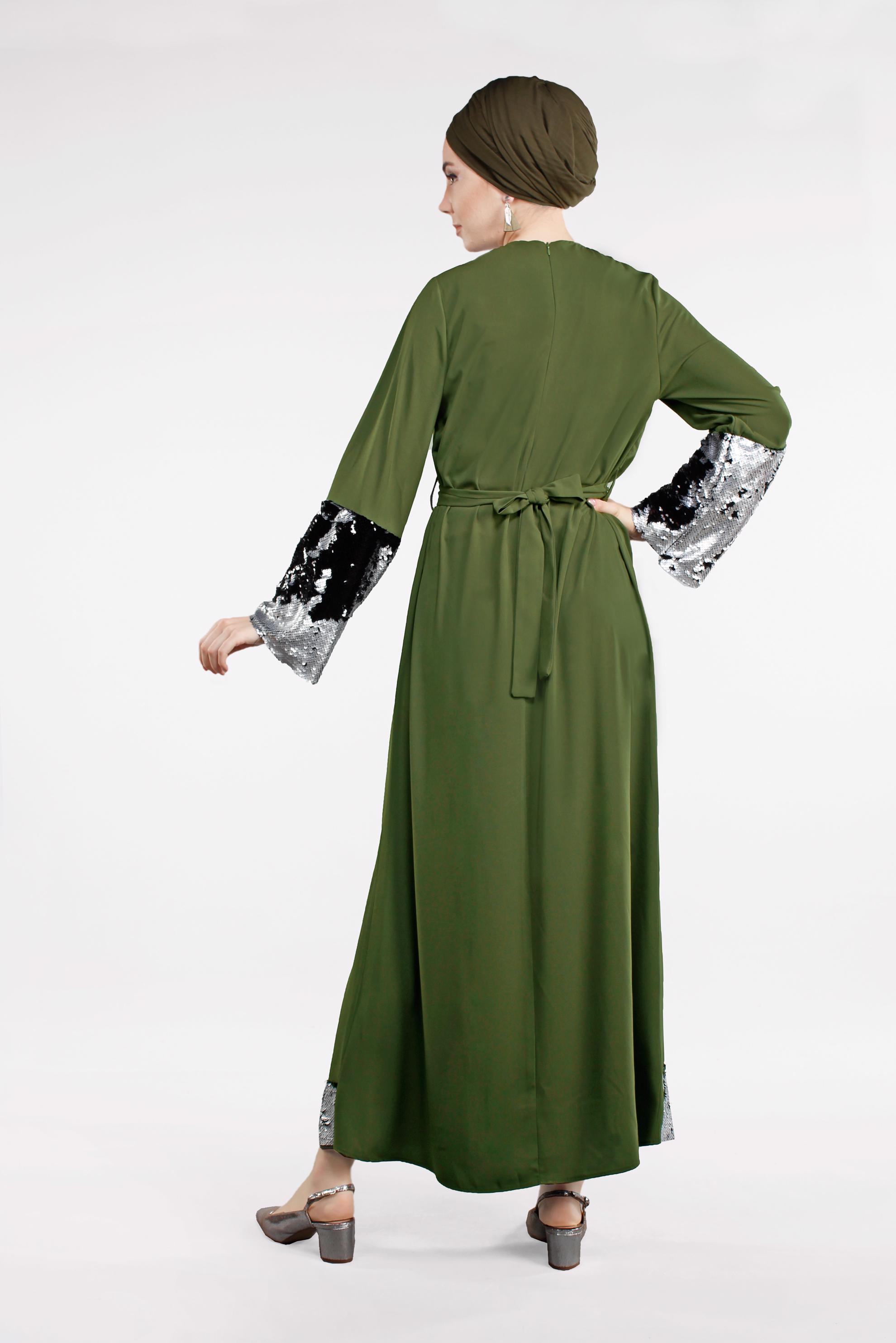 Tesettür giyim HAKİ ETEK UCU VE KOLU PAYETLİ ELBİSE  4496