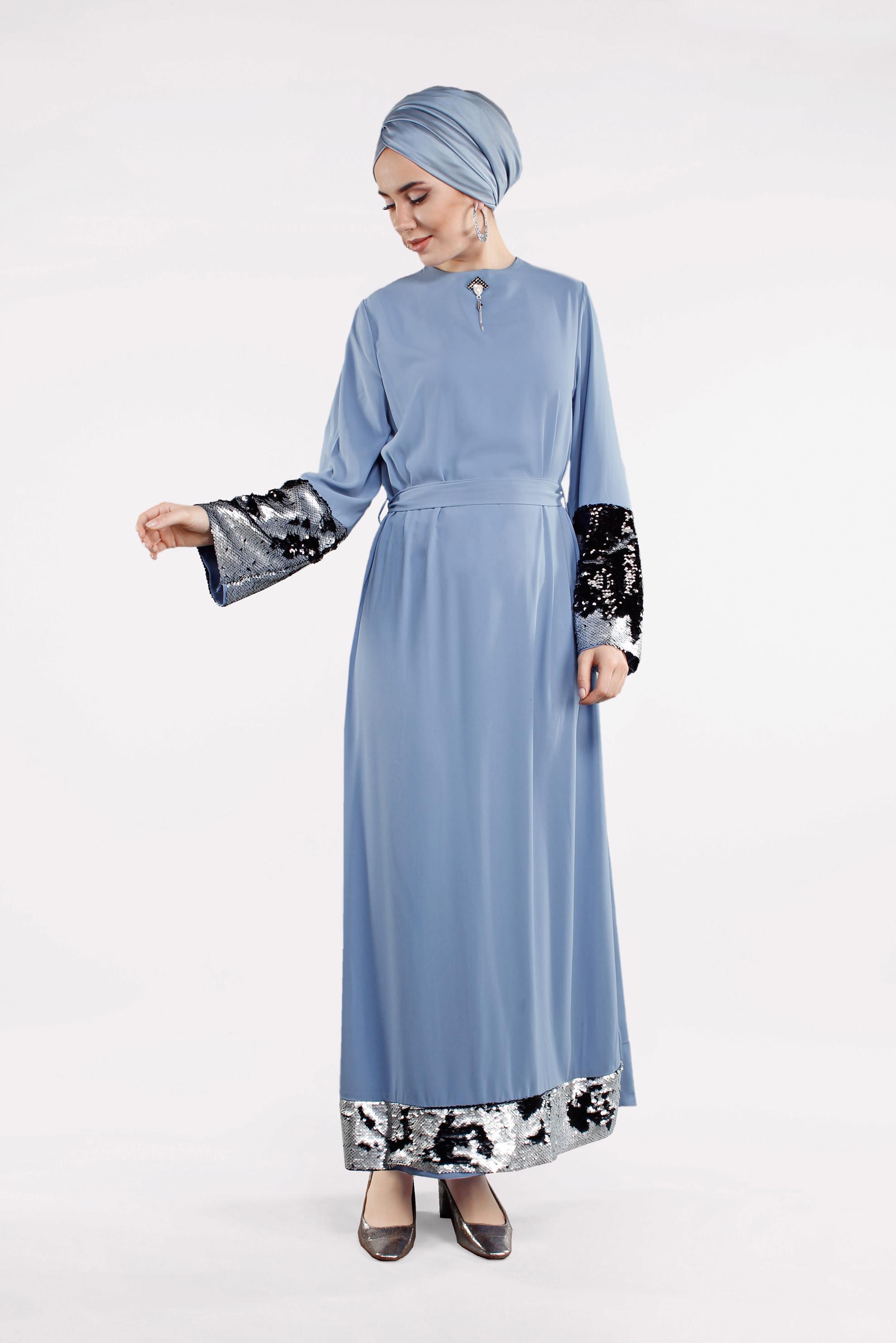 Tesettür giyim LACİVERT ETEK UCU VE KOLU PAYETLİ ELBİSE  4496