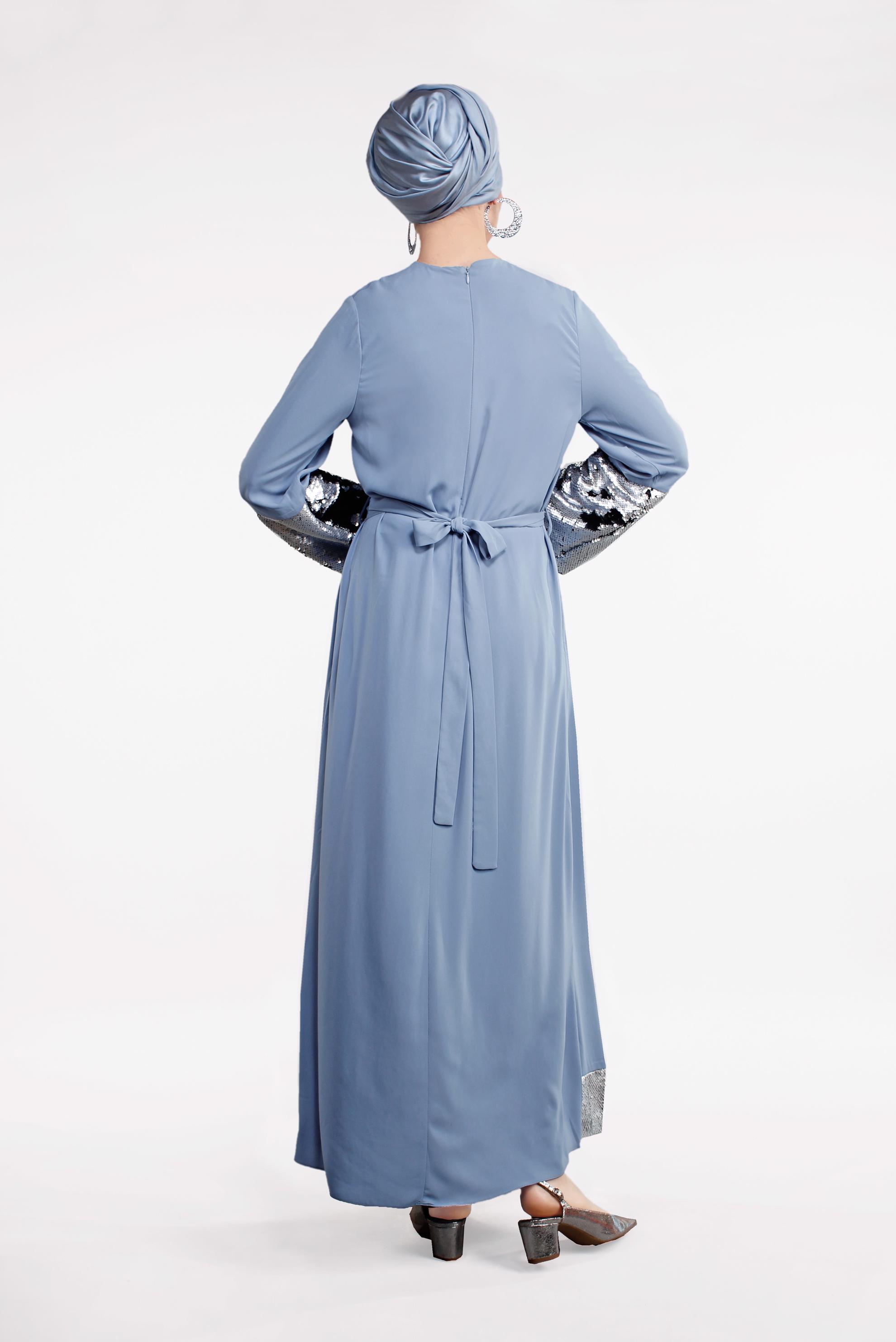 Tesettür giyim LACİVERT ETEK UCU VE KOLU PAYETLİ ELBİSE  4496