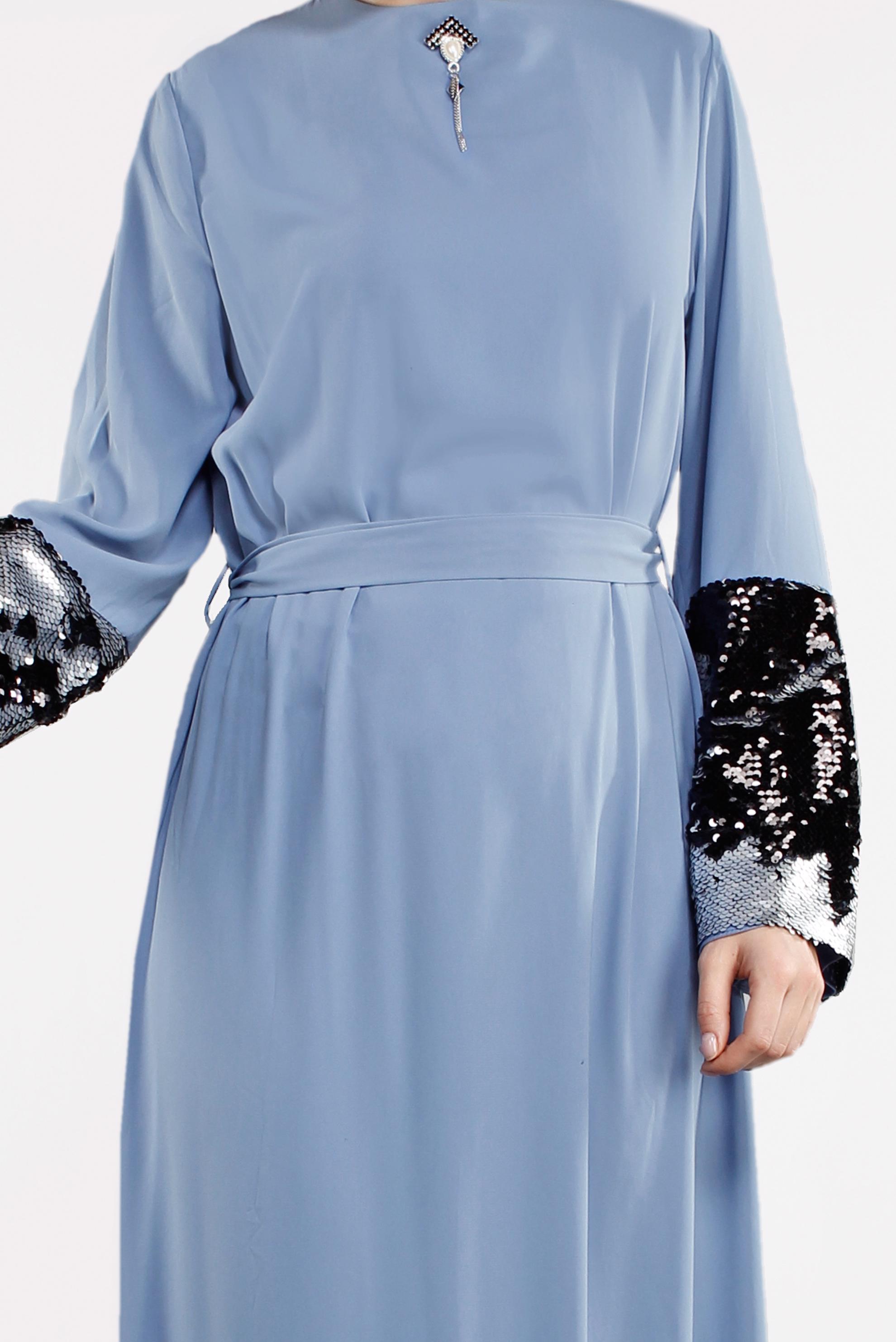 Tesettür giyim LACİVERT ETEK UCU VE KOLU PAYETLİ ELBİSE  4496