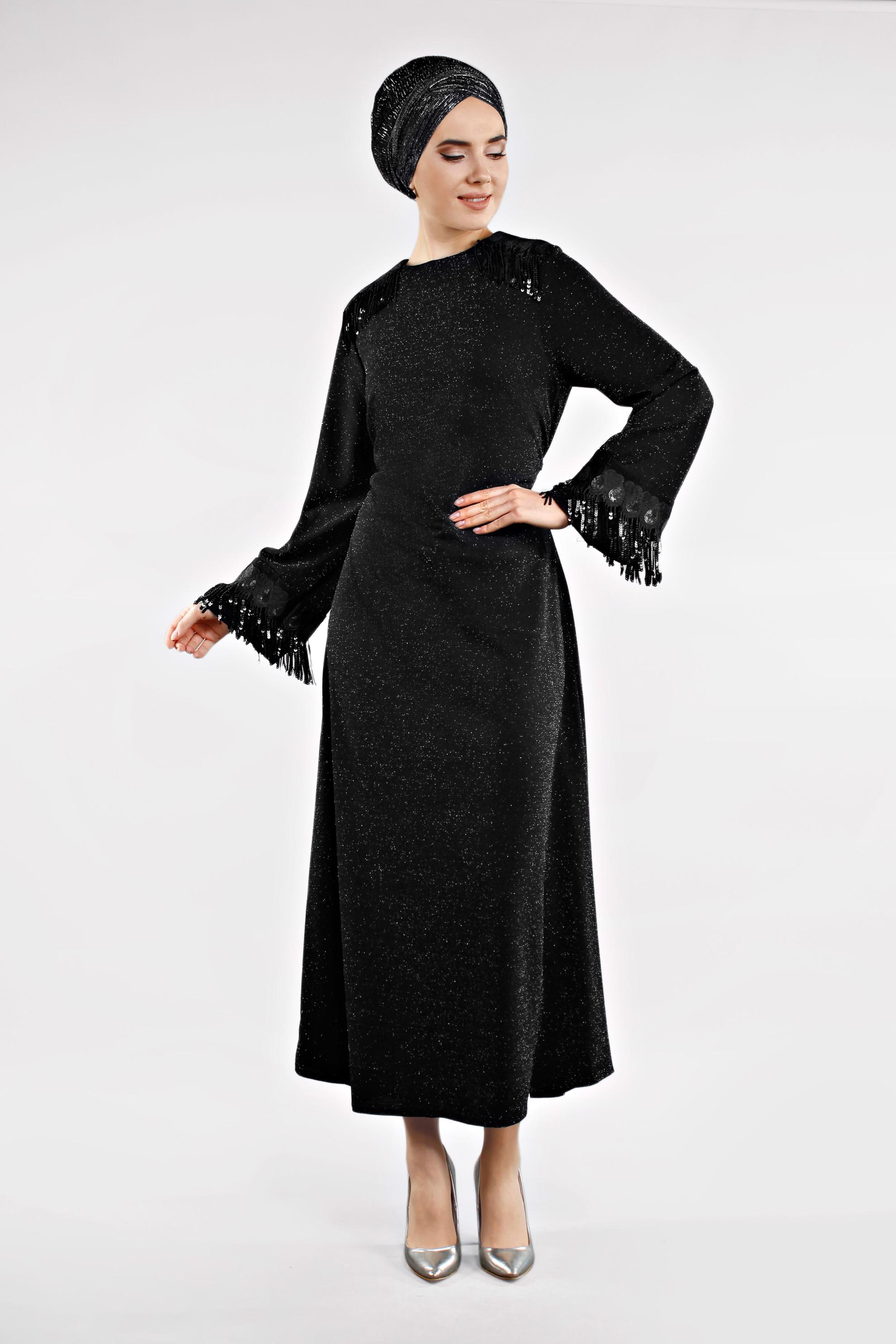 Tesettür giyim SİYAH SAÇAKLI ELBİSE 4498 