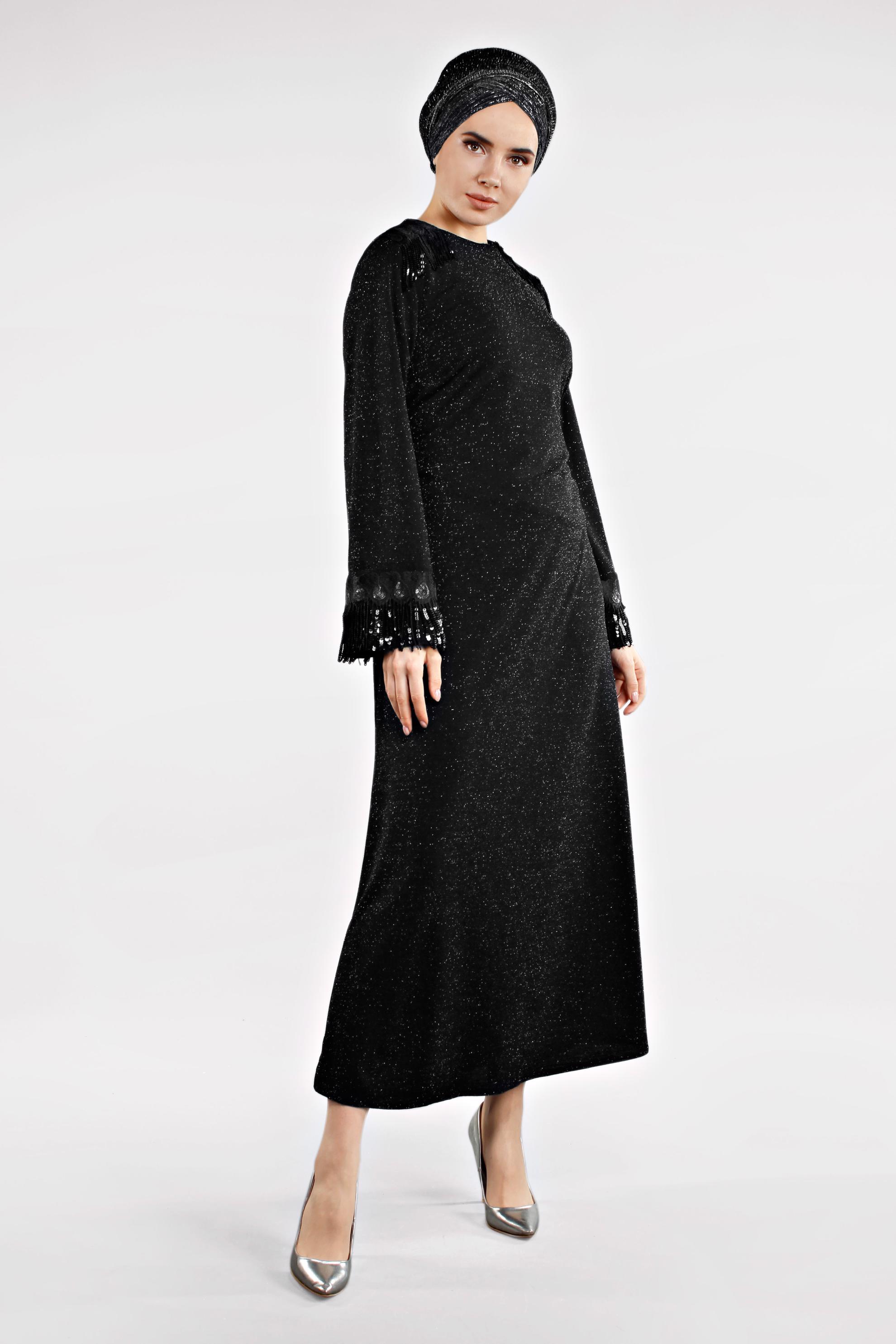 Tesettür giyim SİYAH SAÇAKLI ELBİSE 4498 
