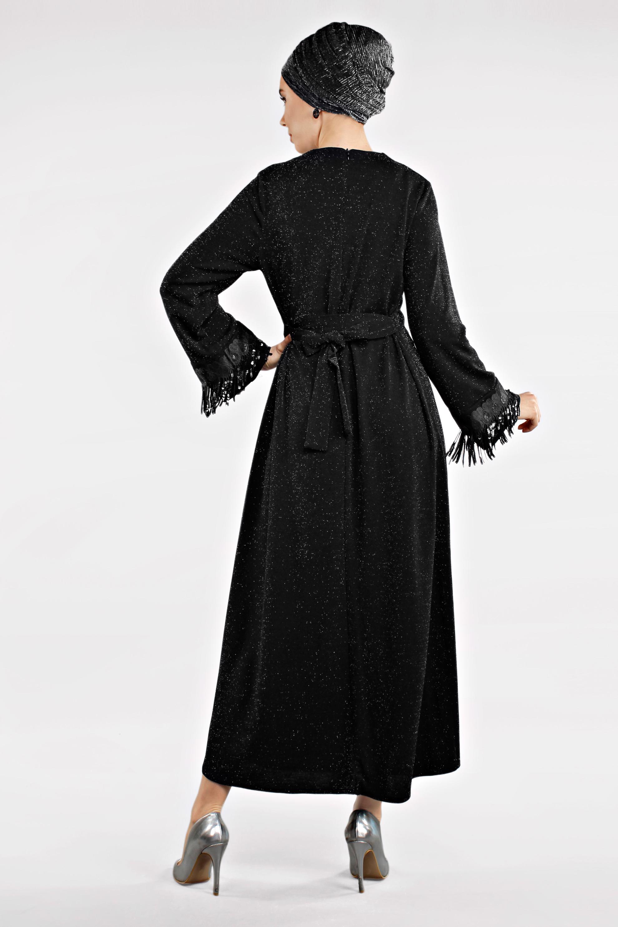 Tesettür giyim SİYAH SAÇAKLI ELBİSE 4498 