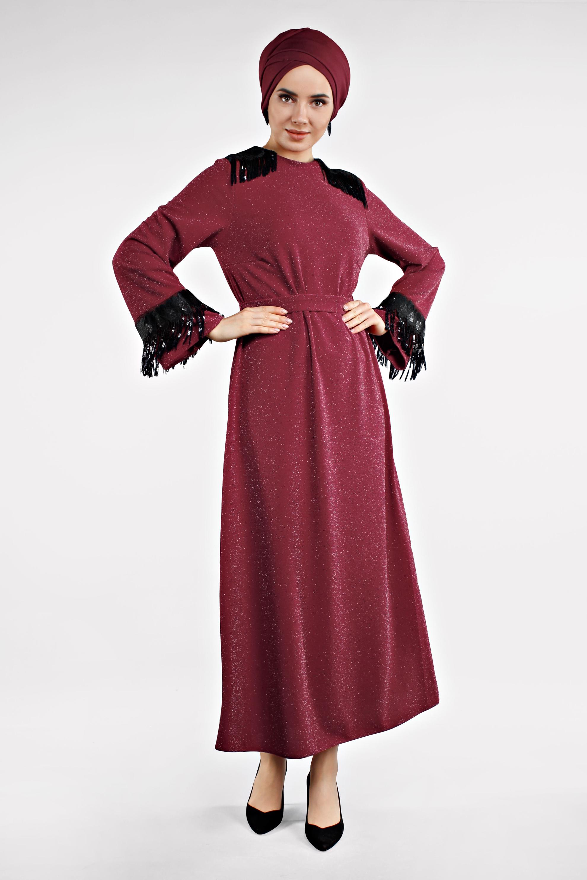 Tesettür giyim KIRMIZI SAÇAKLI ELBİSE 4498 