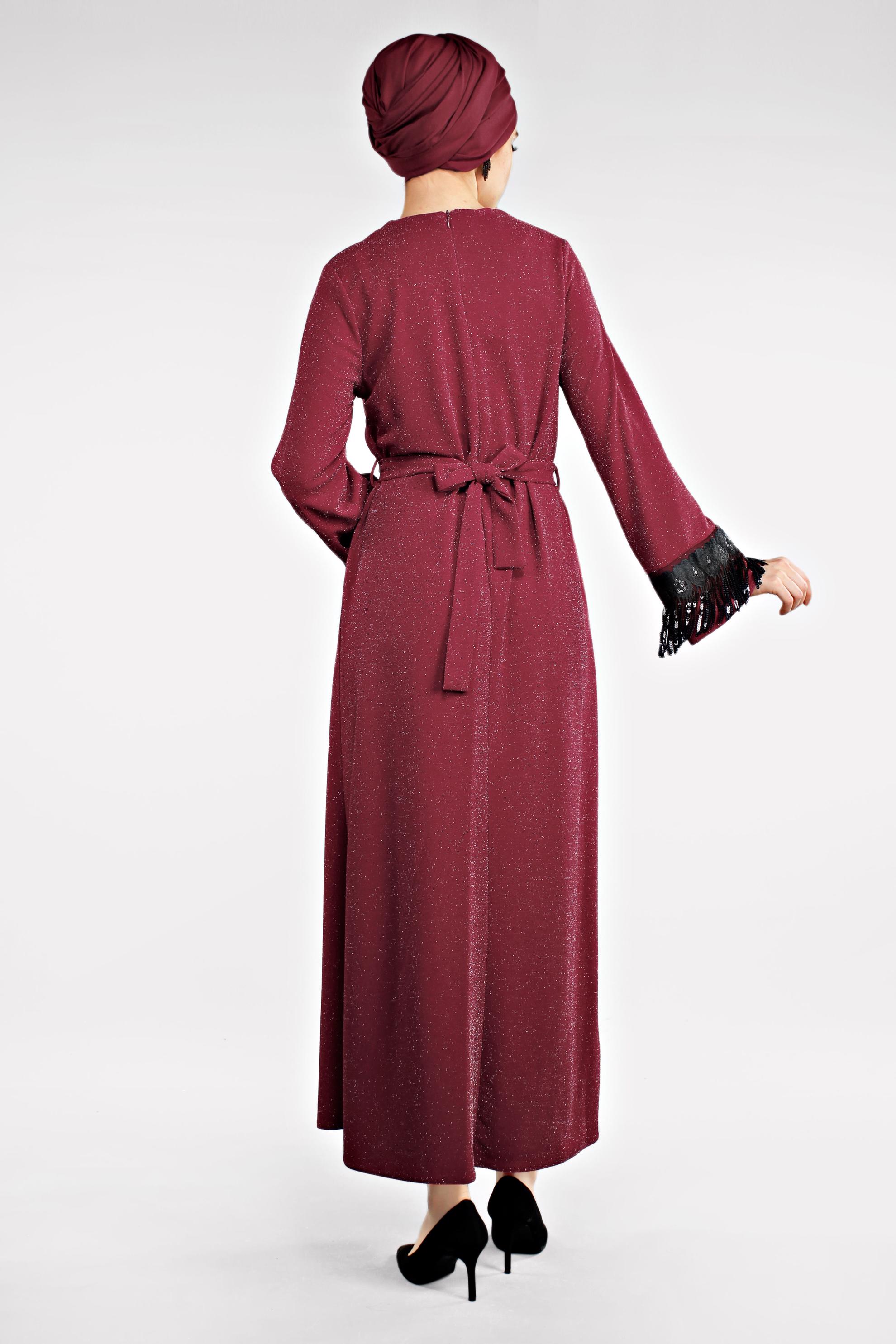 Tesettür giyim KIRMIZI SAÇAKLI ELBİSE 4498 