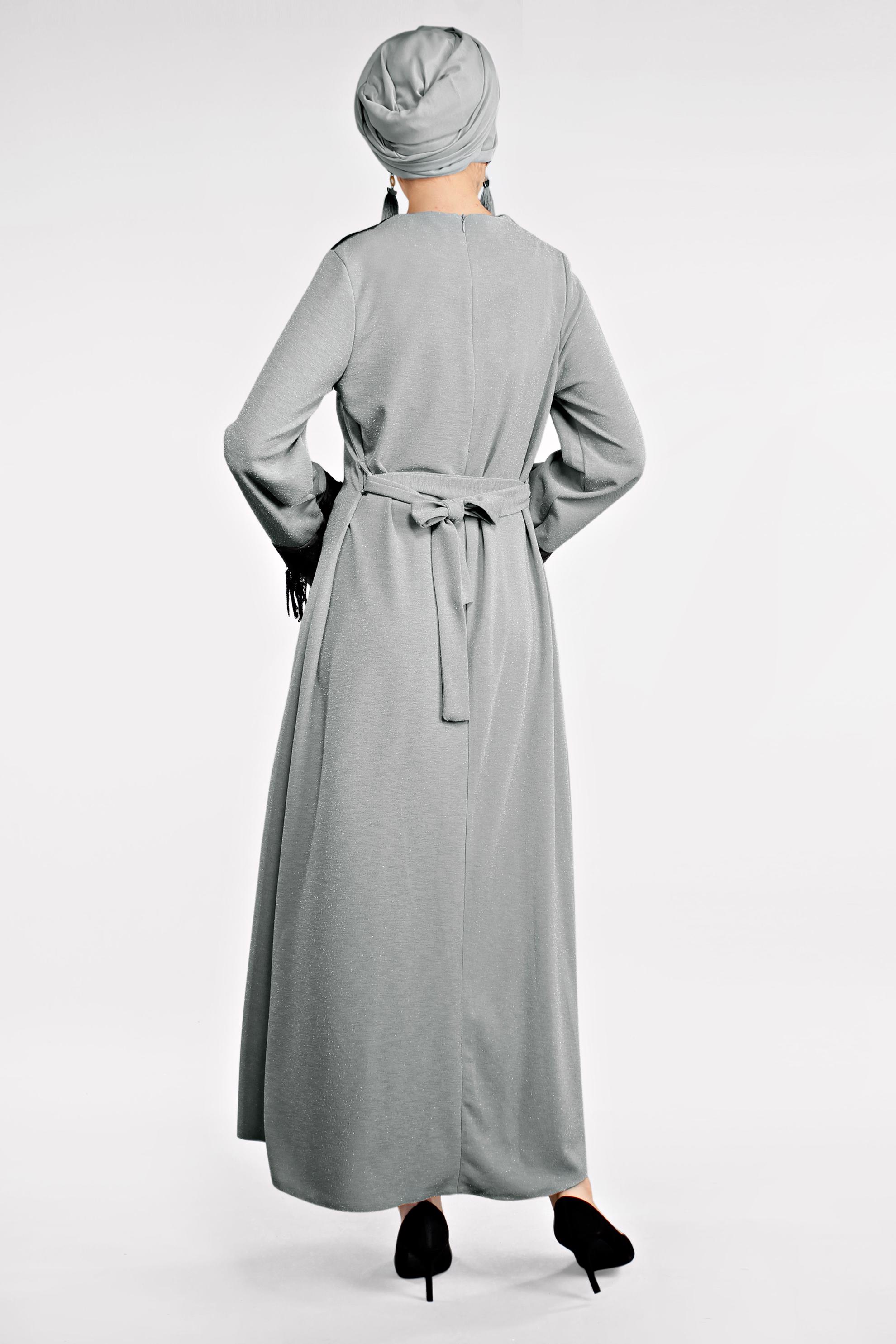 Tesettür giyim GRİ SAÇAKLI ELBİSE 4498 