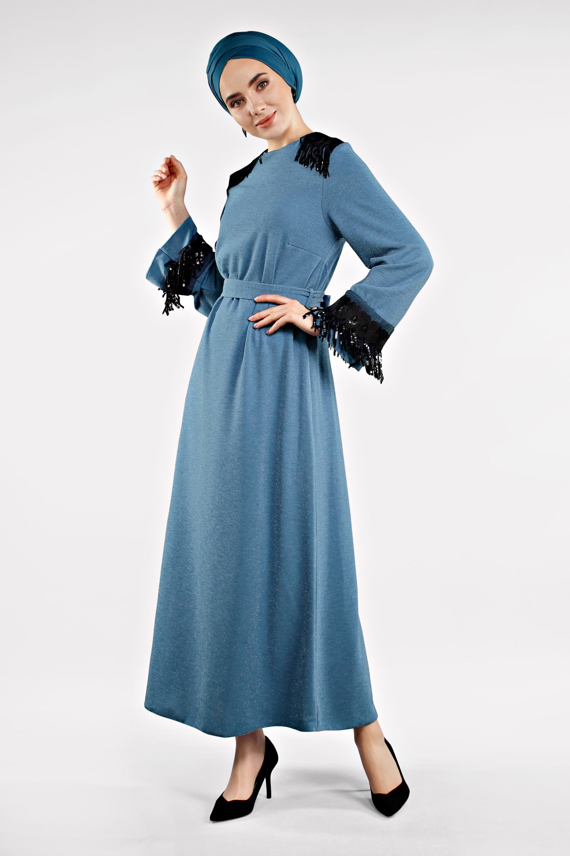 Tesettür giyim LACİVERT SAÇAKLI ELBİSE 4498 
