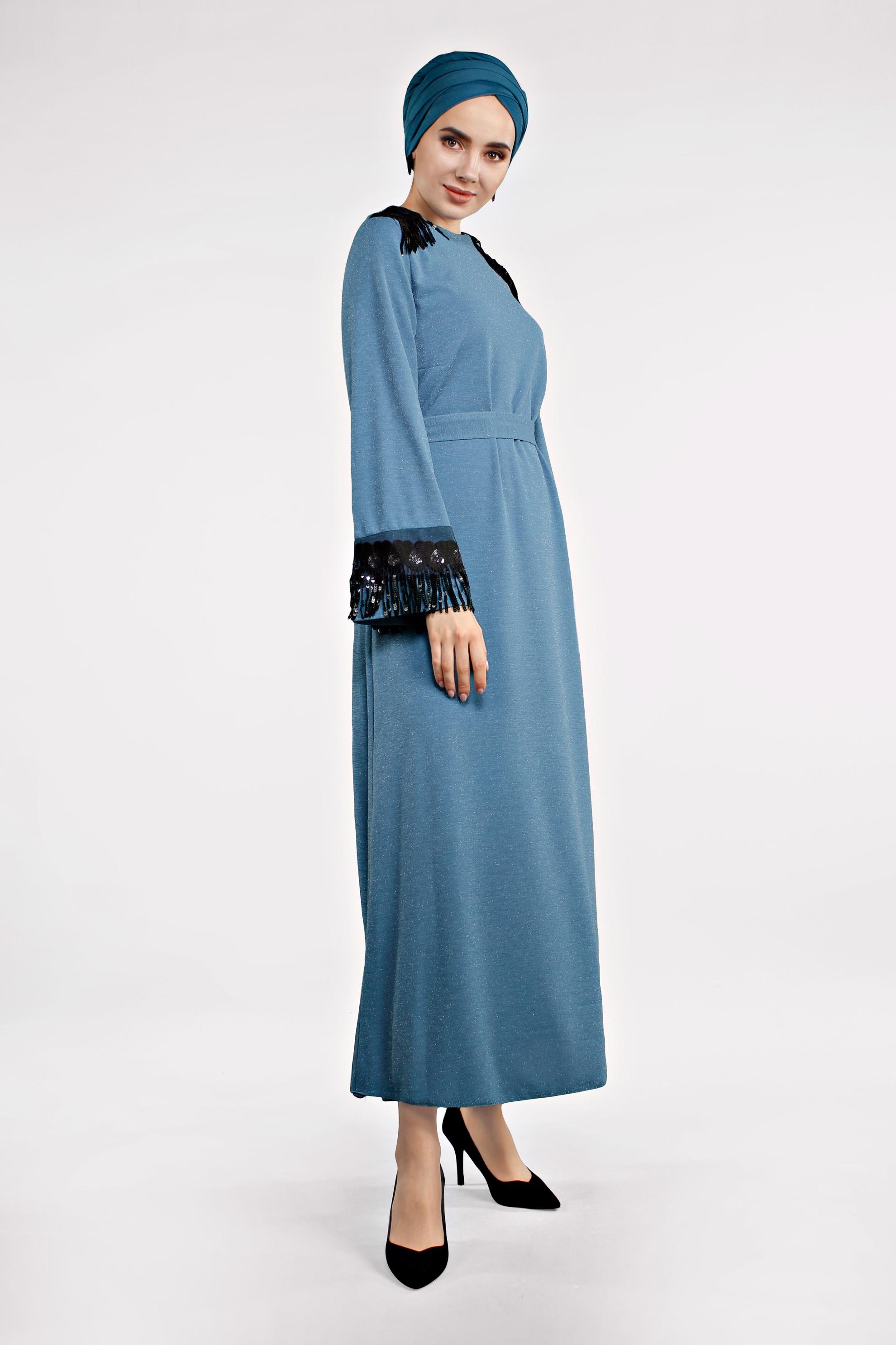 Tesettür giyim LACİVERT SAÇAKLI ELBİSE 4498 