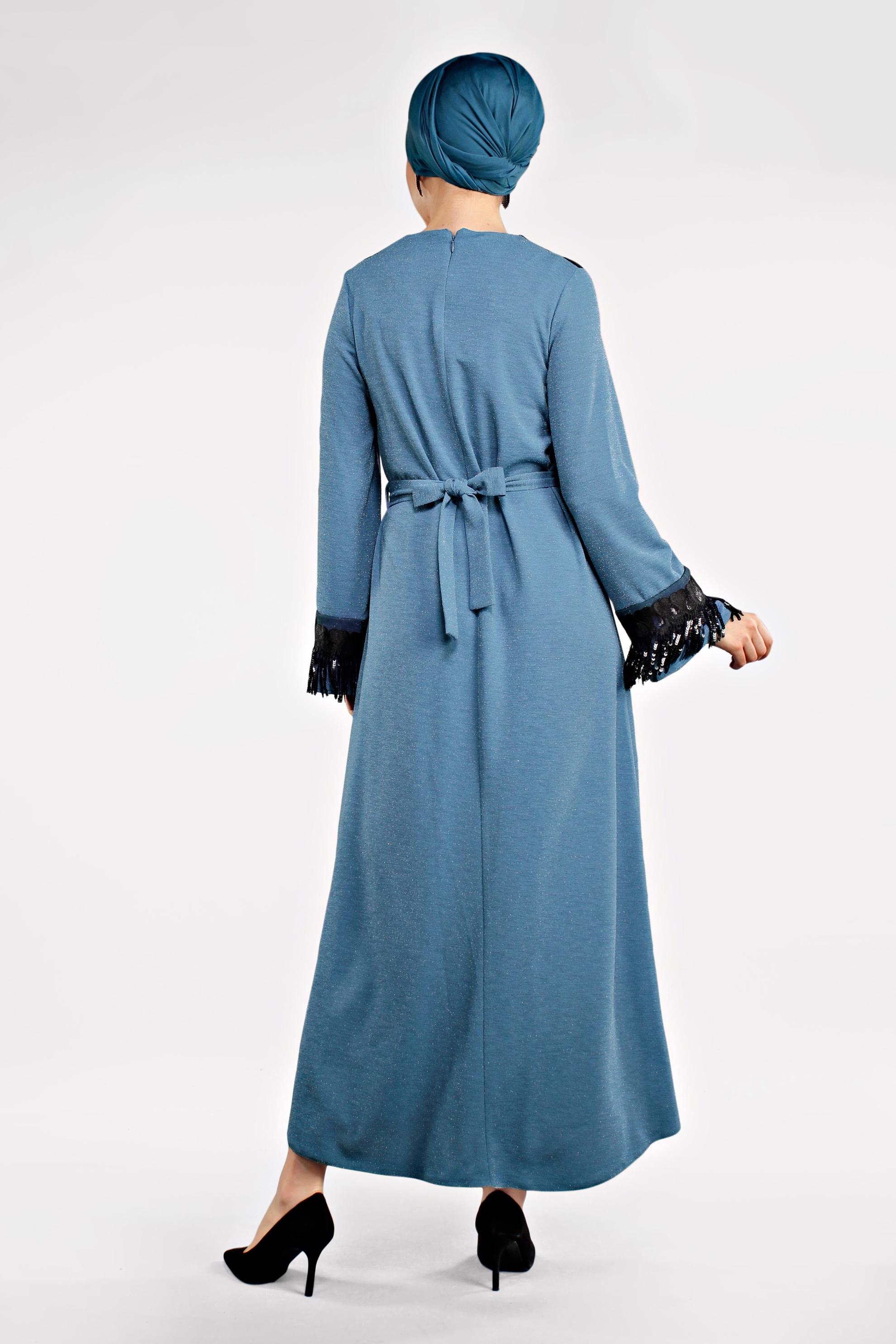 Tesettür giyim LACİVERT SAÇAKLI ELBİSE 4498 