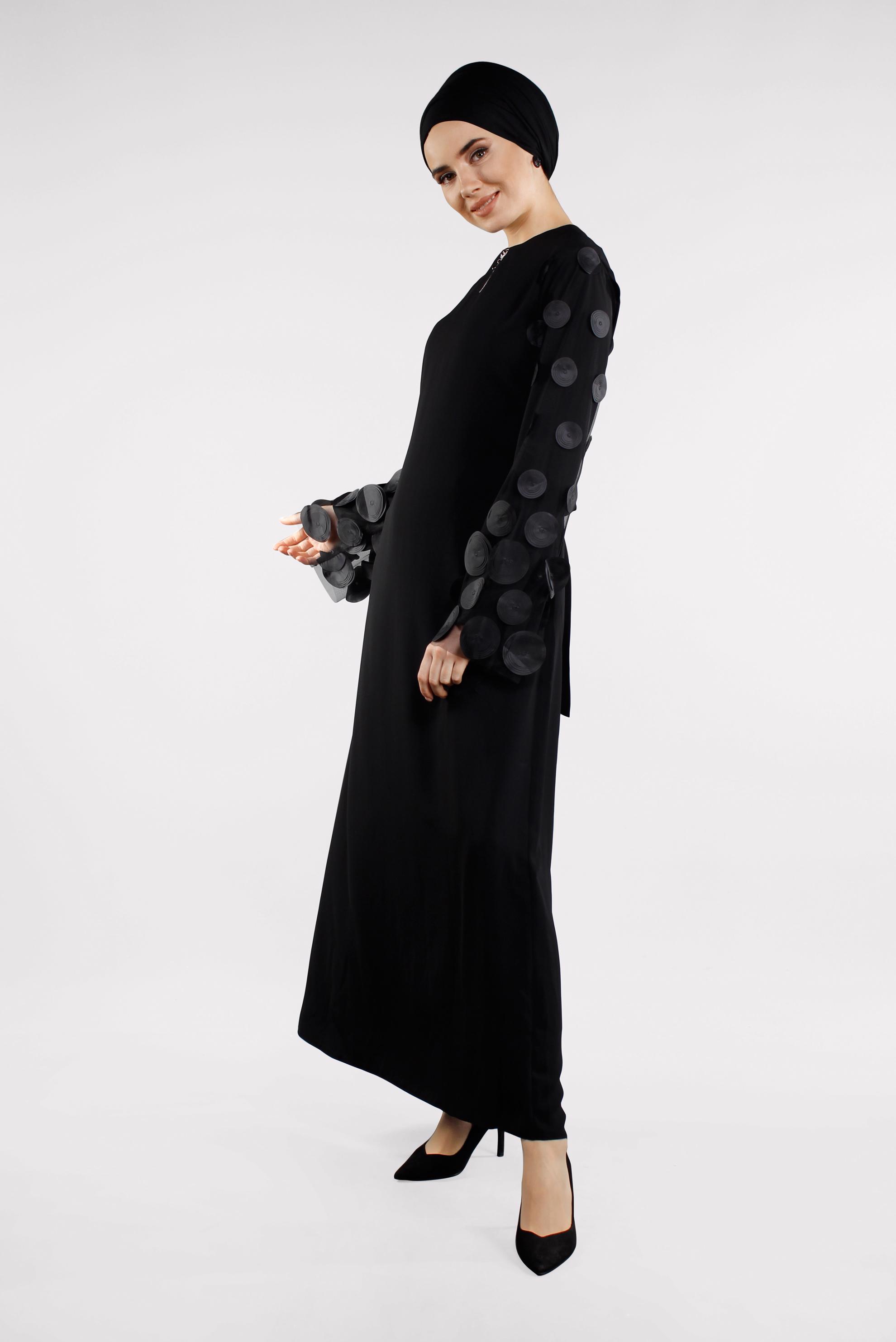 Tesettür giyim SİYAH KOLLARI TÜL DETAYLI ELBİSE  4499 
