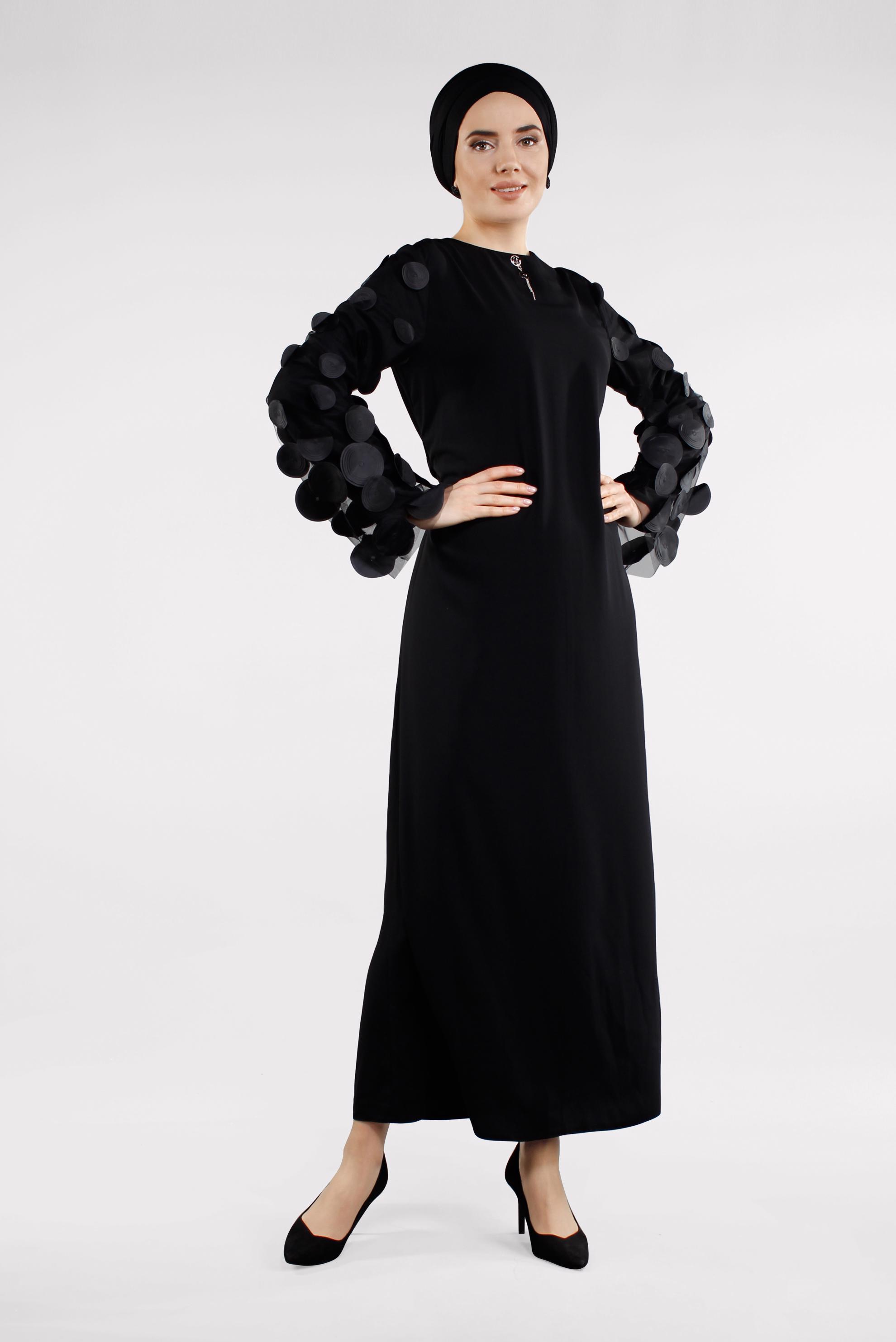 Tesettür giyim SİYAH KOLLARI TÜL DETAYLI ELBİSE  4499 