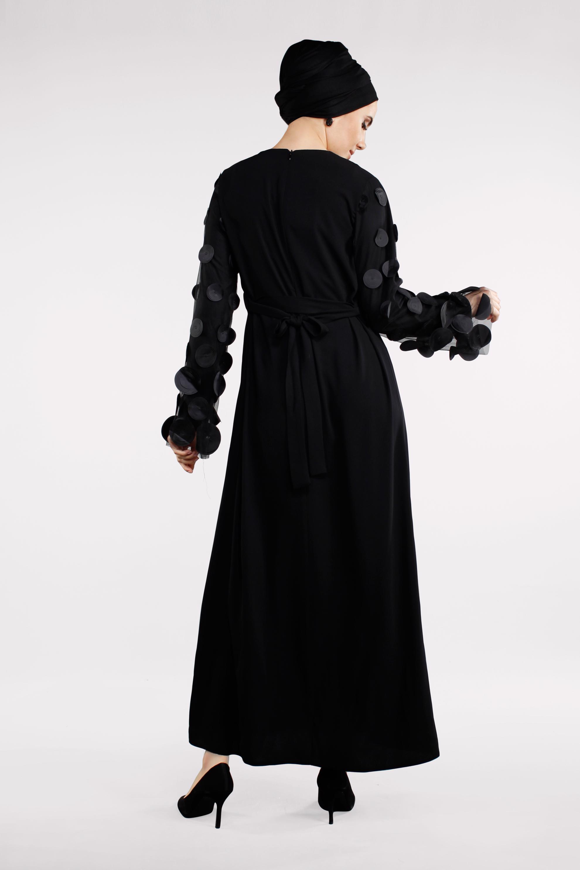 Tesettür giyim SİYAH KOLLARI TÜL DETAYLI ELBİSE  4499 